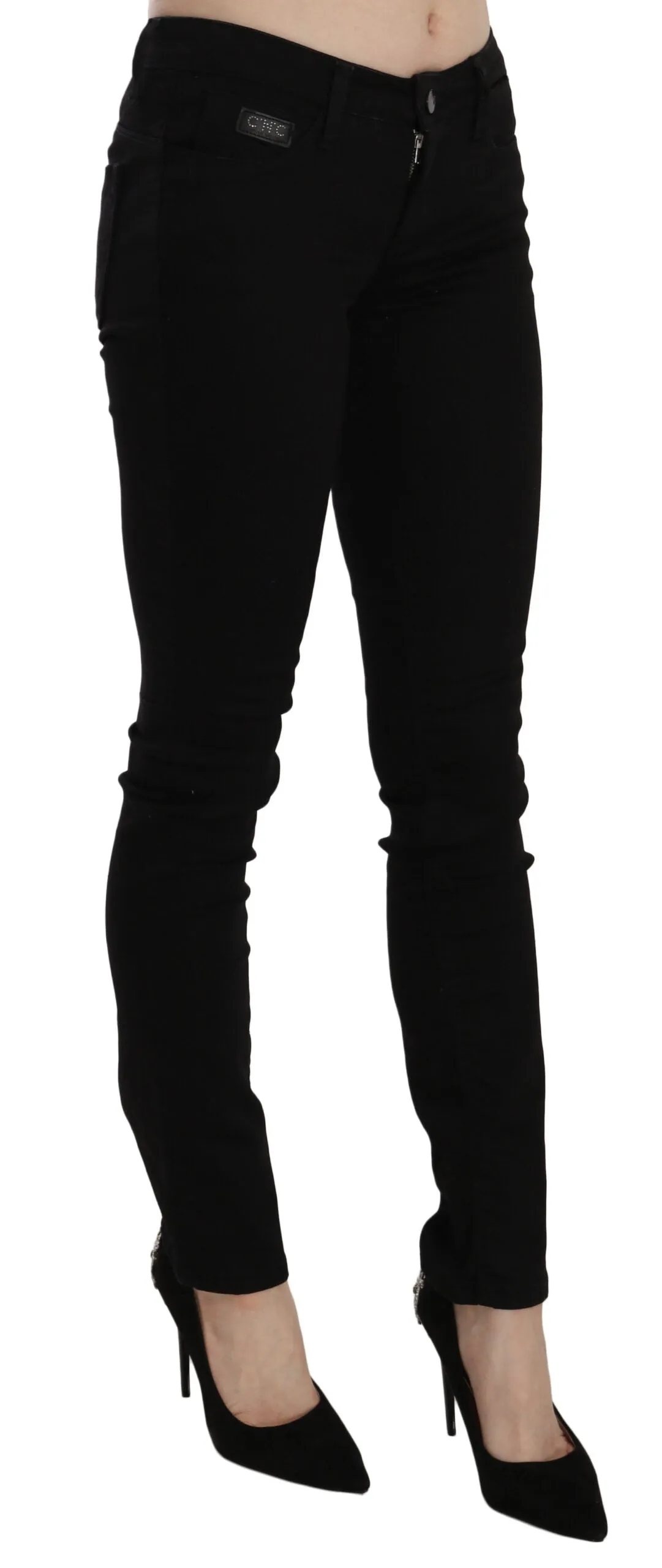 Costume National Pailletten Mid Waist Slim Fit blaue Damenjeans