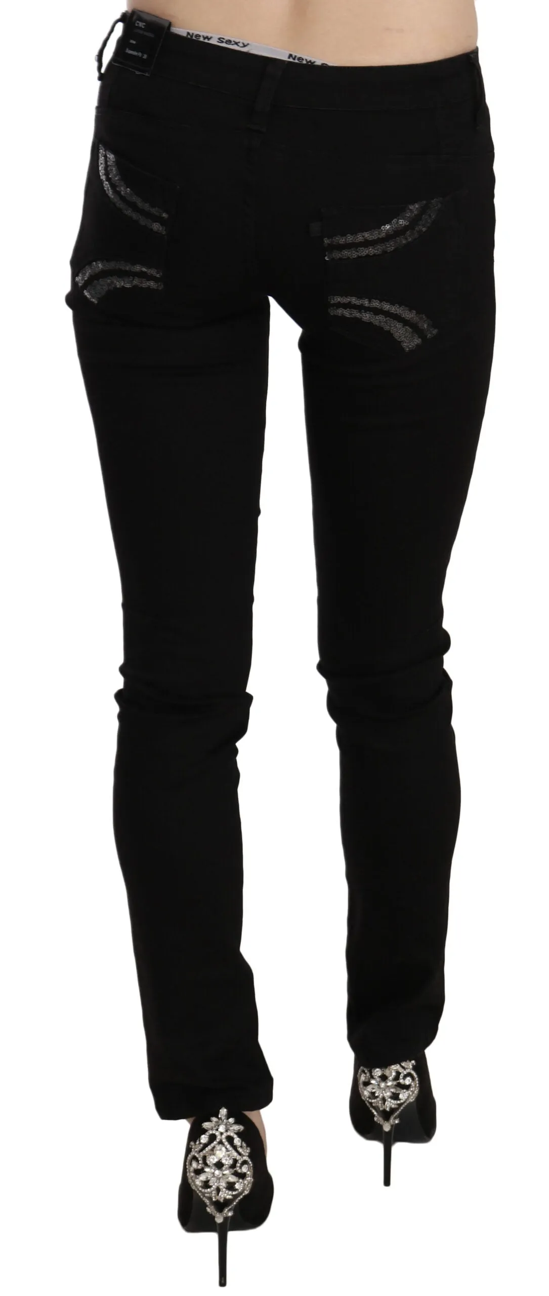Costume National Pailletten Mid Waist Slim Fit blaue Damenjeans