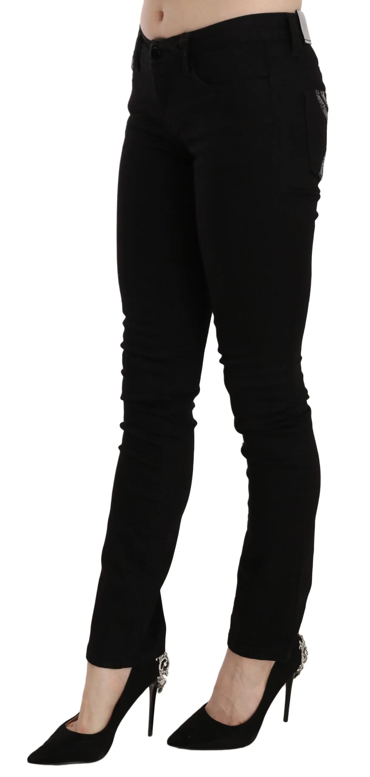 Costume National Pailletten Mid Waist Slim Fit blaue Damenjeans