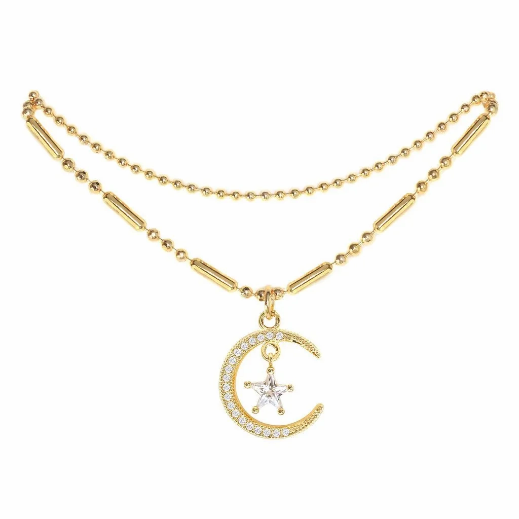 Cubic Zirconia Moon &amp; Star Pendant Anklet