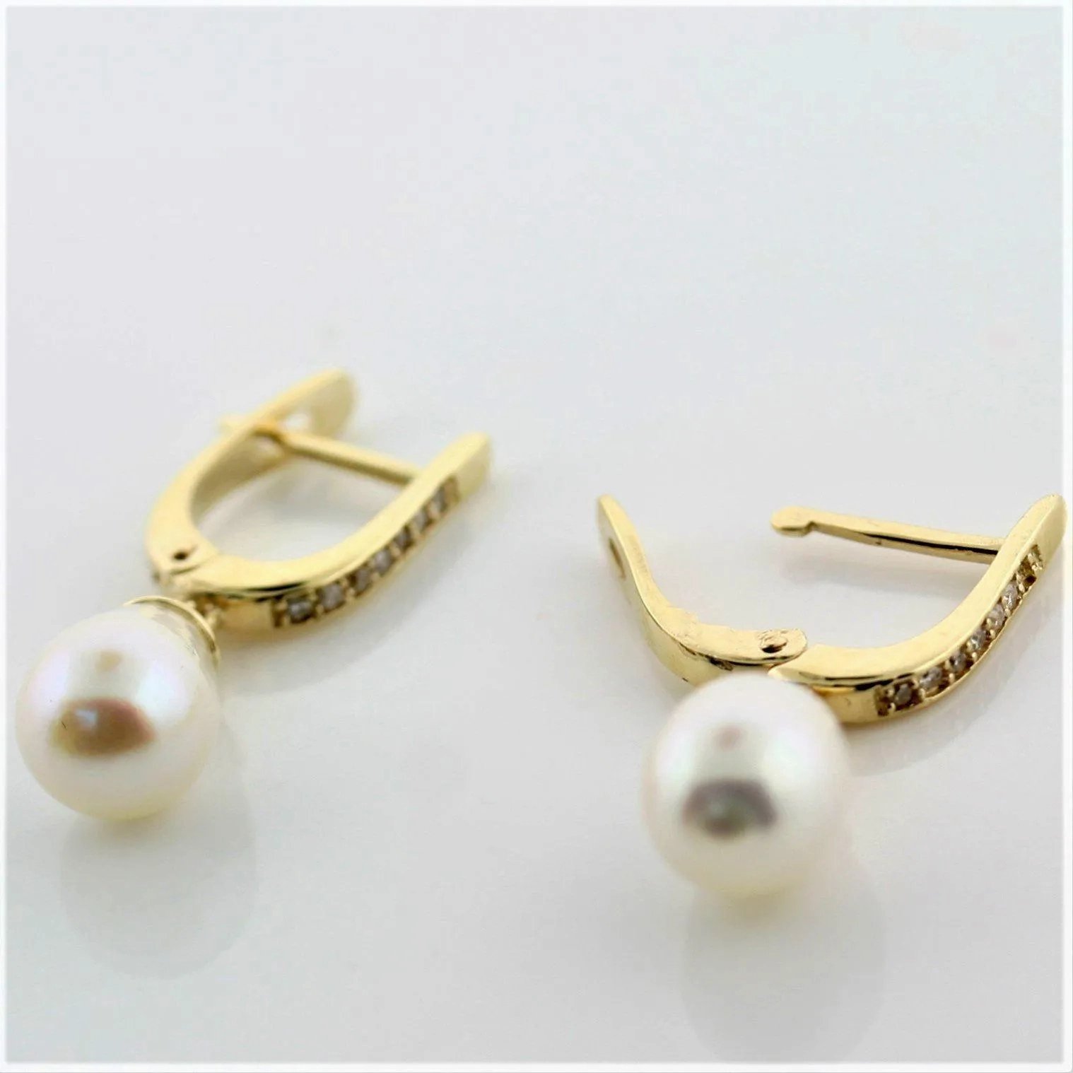 Cultured Pearl and Diamond Drop Earrings 14K Yellow Gold