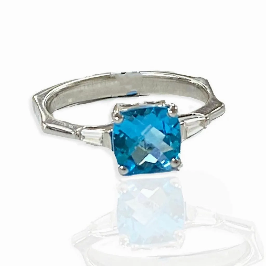 Cushion Blue Topaz and Diamond Baguette Ring