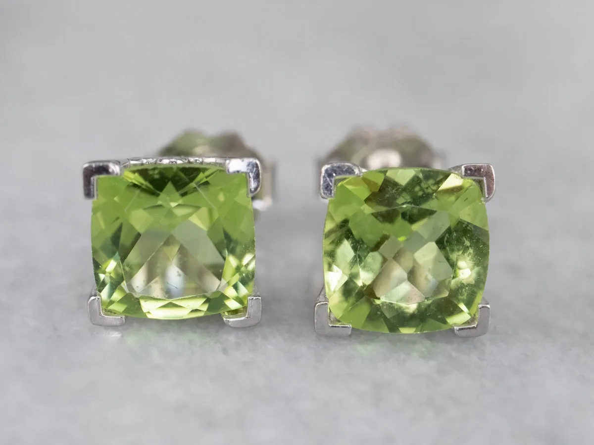 Cushion Cut Peridot White Gold Stud Earrings