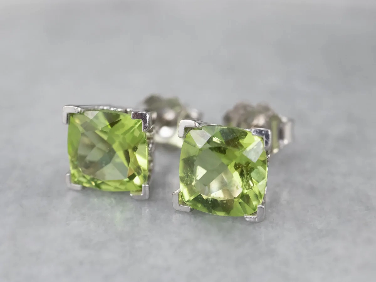 Cushion Cut Peridot White Gold Stud Earrings