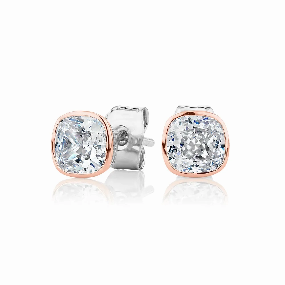 Cushion stud earrings with 1.52 carats* of diamond simulants in 10 carat rose gold and sterling silver