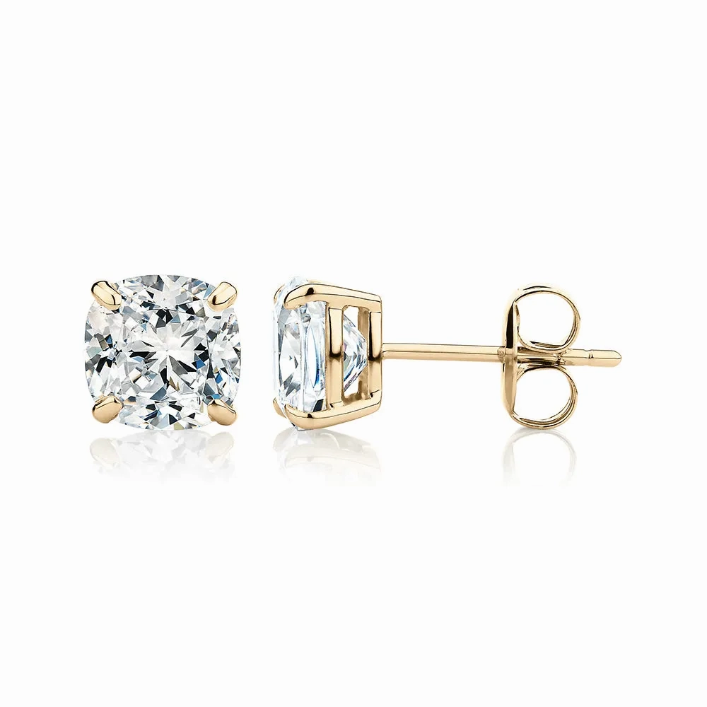 Cushion stud earrings with 3 carats* of diamond simulants in 10 carat yellow gold