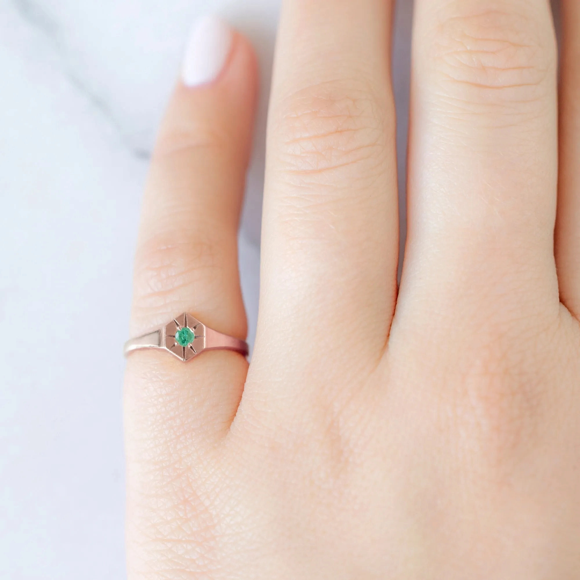 Custom Emerald Birthstone Signet Ring | Yellow, Rose or White Gold