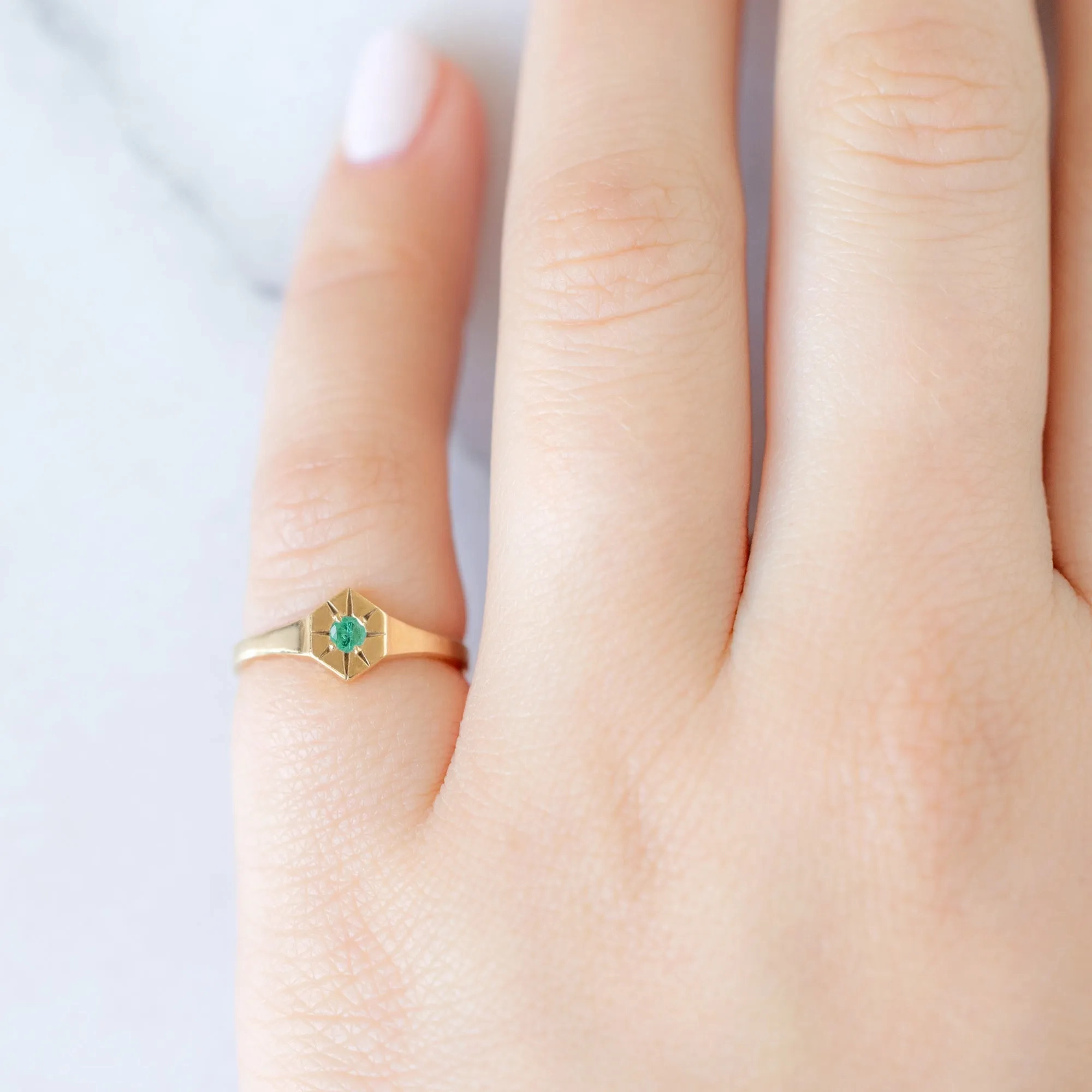 Custom Emerald Birthstone Signet Ring | Yellow, Rose or White Gold