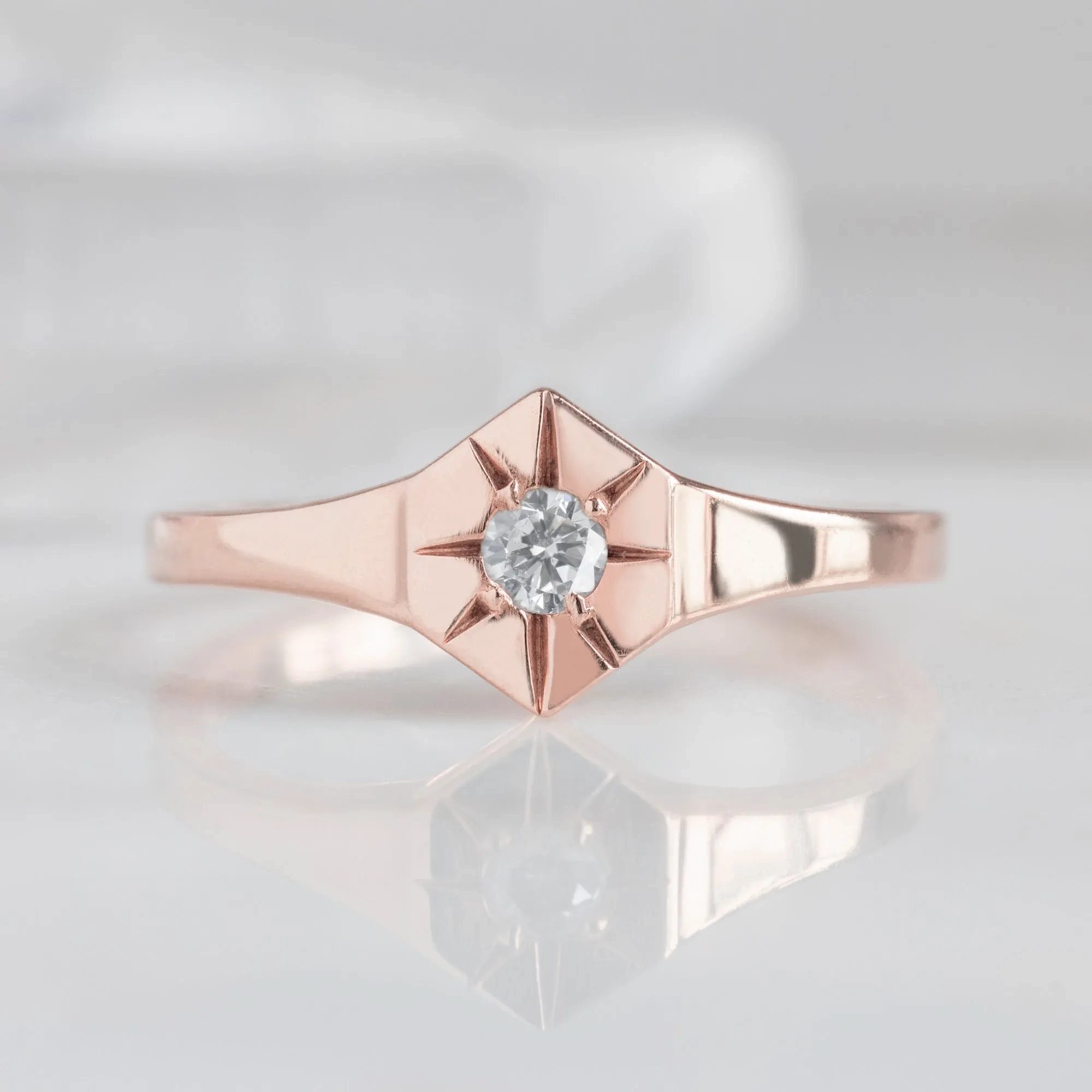 Custom White Diamond Birthstone Signet Ring | Yellow Gold