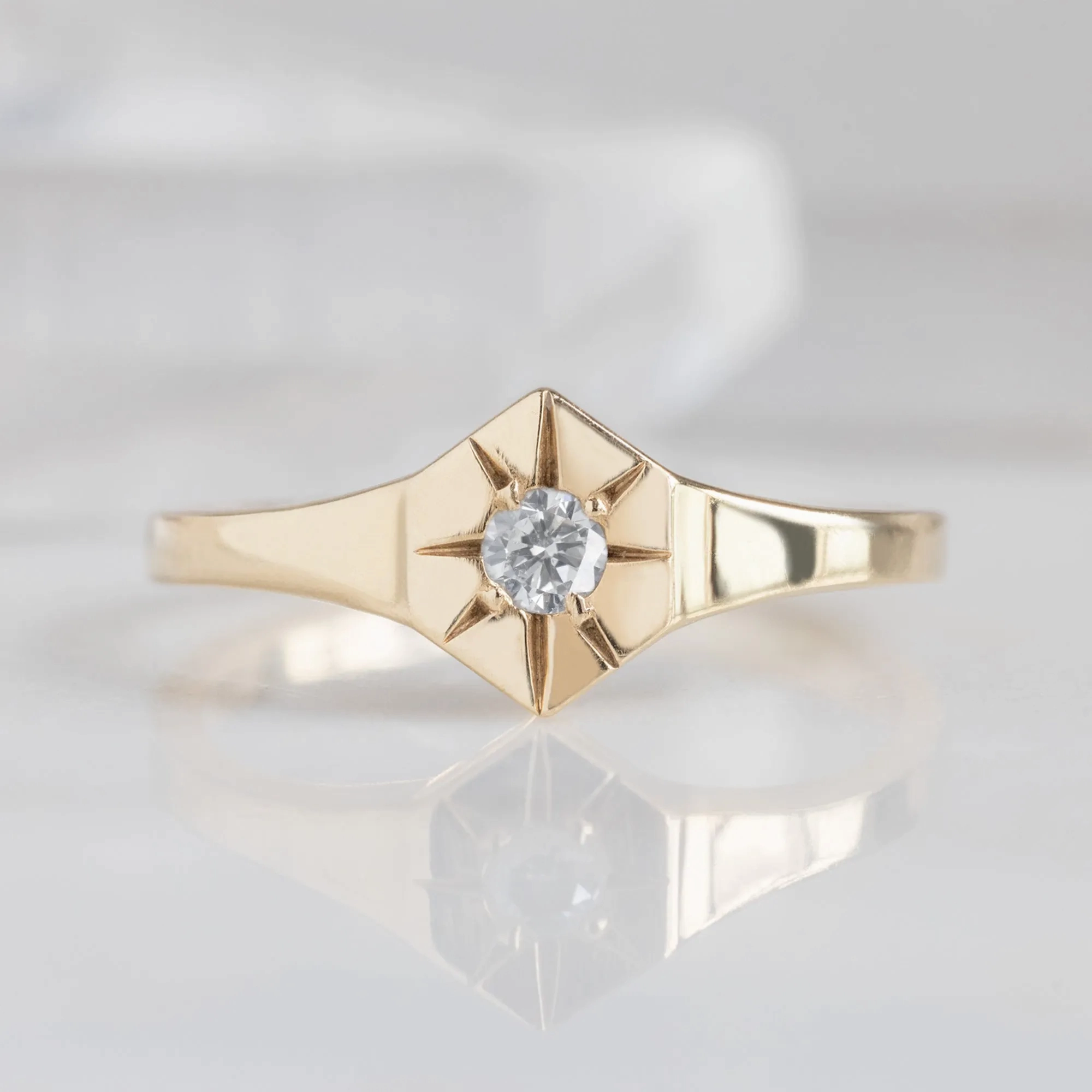 Custom White Diamond Birthstone Signet Ring | Yellow Gold