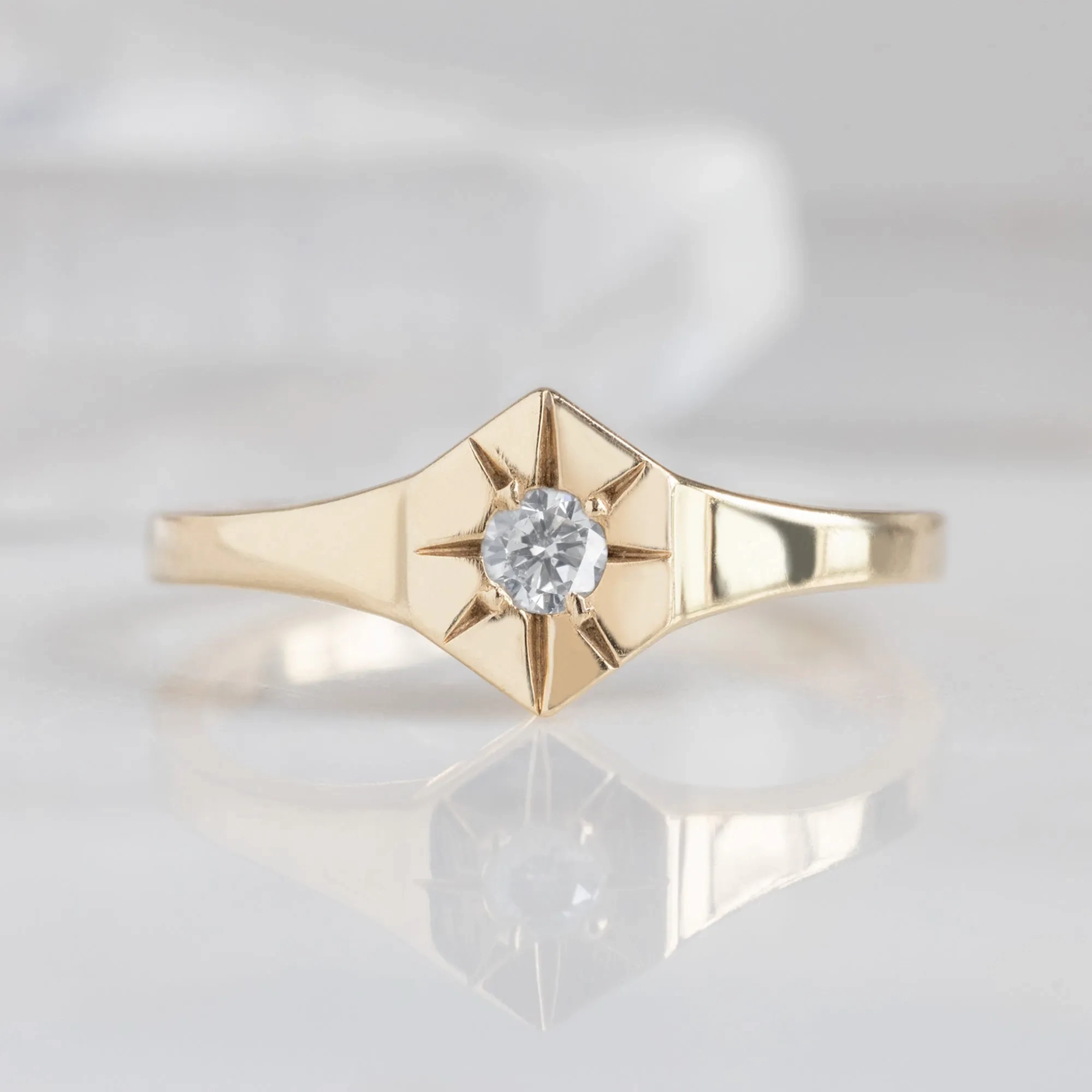 Custom White Diamond Birthstone Signet Ring | Yellow Gold