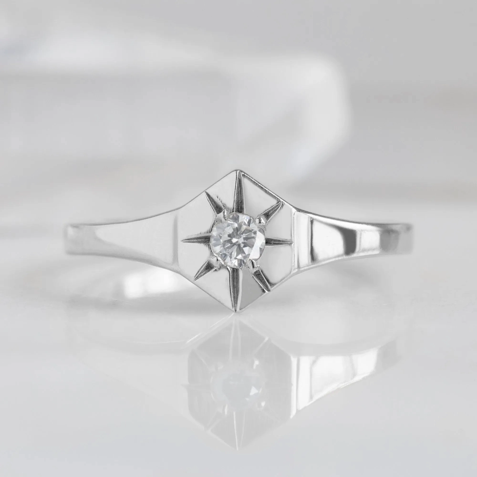 Custom White Diamond Birthstone Signet Ring | Yellow Gold