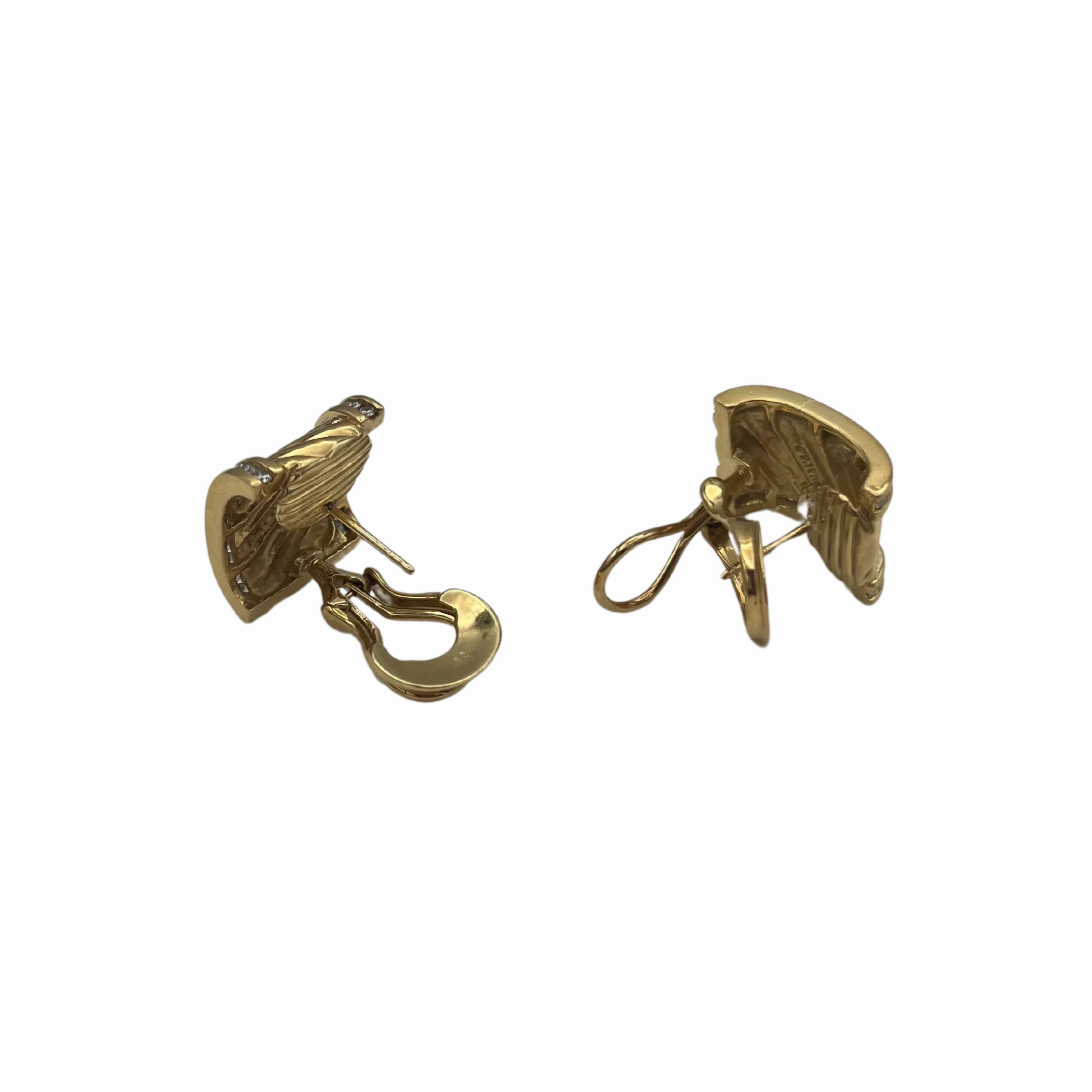 David Yurman Solid 18k Yellow Gold and Diamond Ear Clips Thoroughbred Sculpted Cigar Band