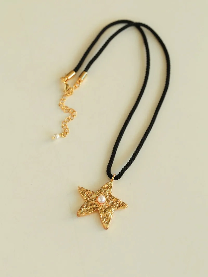 Dazzling Stars Pentagram Planet Element Necklace Black Rope Style