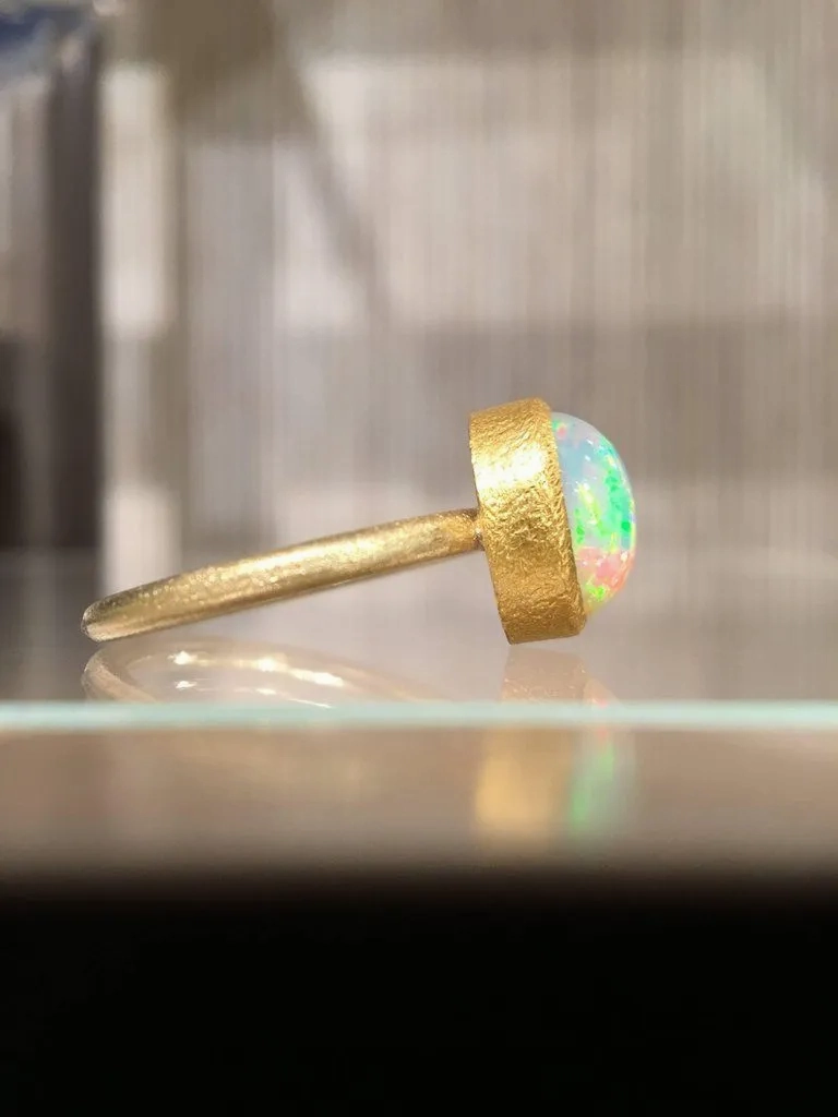 Devta Doolan Electric Rainbow Flash White Opal Gold Ring