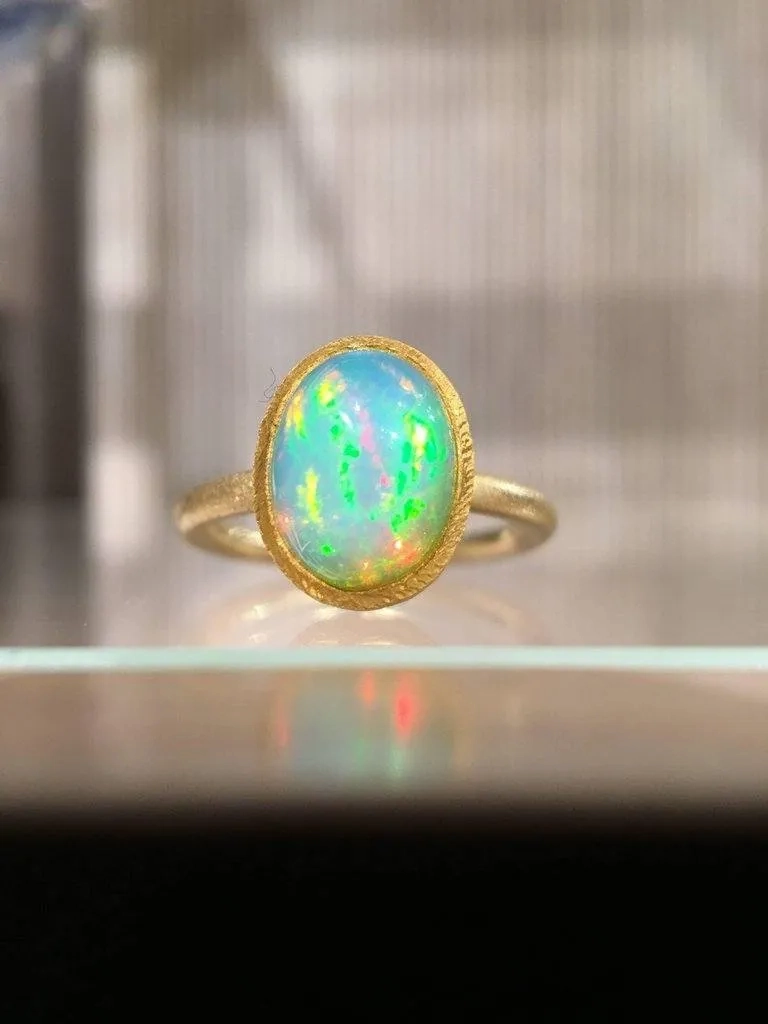 Devta Doolan Electric Rainbow Flash White Opal Gold Ring