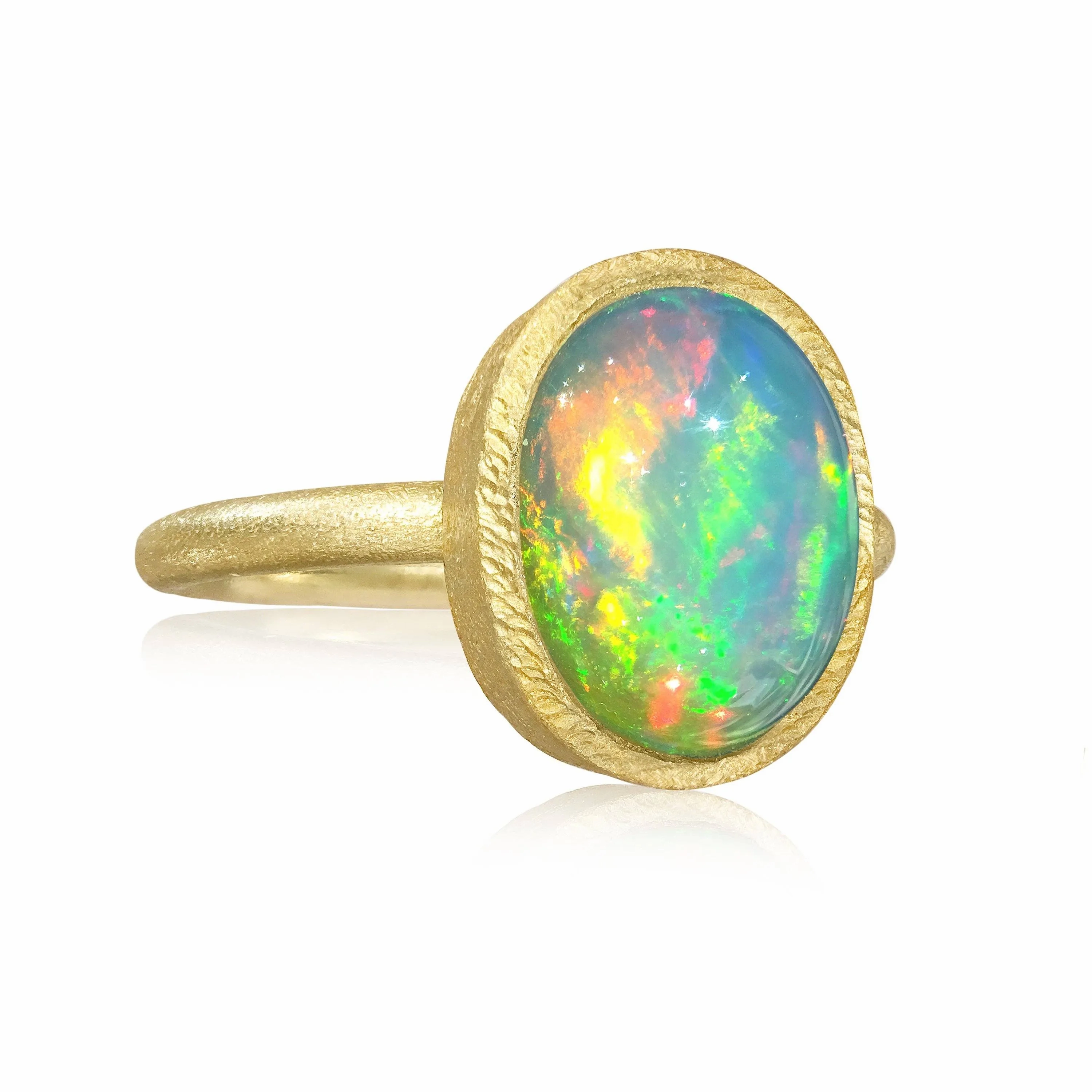 Devta Doolan Electric Rainbow Flash White Opal Gold Ring