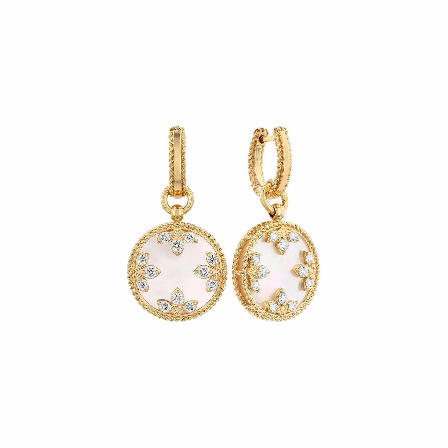 Diamond &amp; Mother of Pearl Circle Dangle Hoop Earrings in Yellow Gold