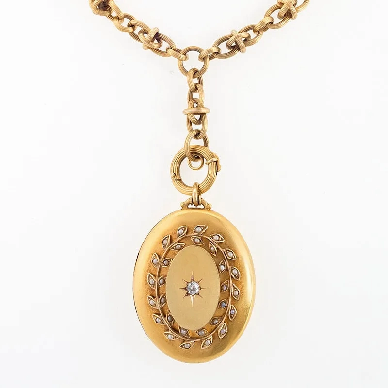 Diamond and Seed Pearl Gold Locket Necklace