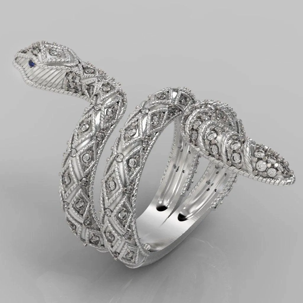 Diamond Sapphire Accents Snake Ring 14K White Gold