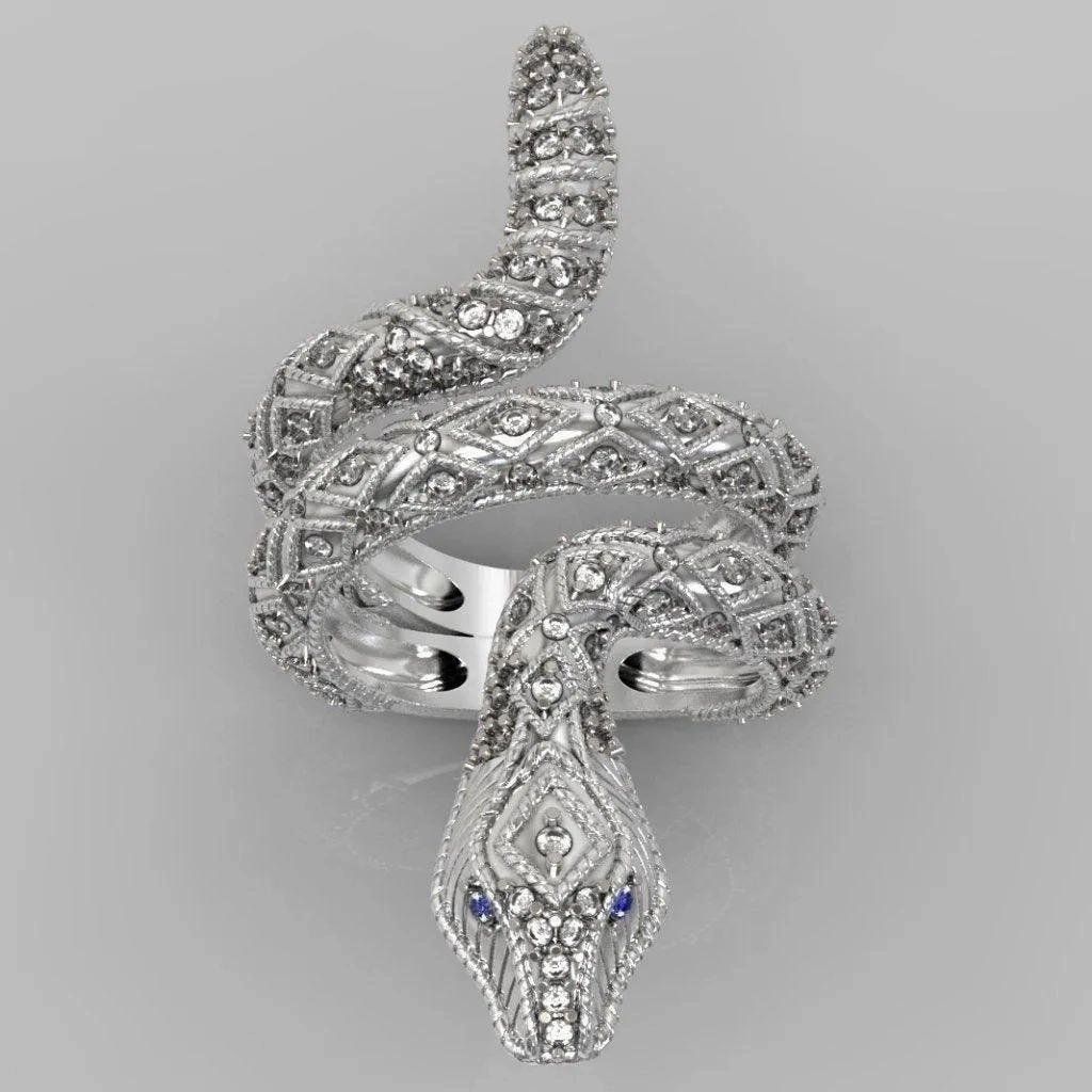 Diamond Sapphire Accents Snake Ring 14K White Gold