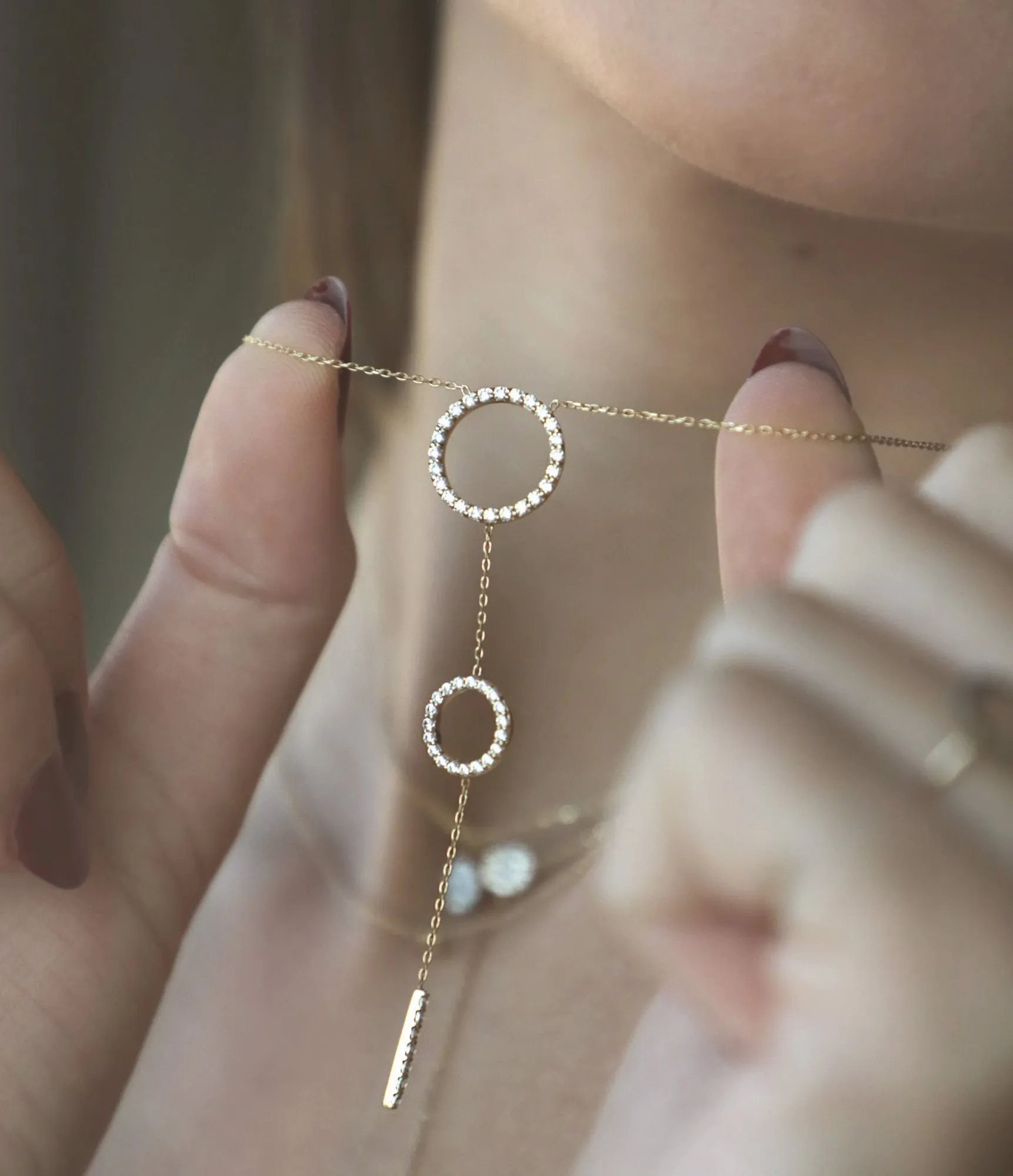 Double Hoops 18K Rose Gold Necklace w. Diamonds