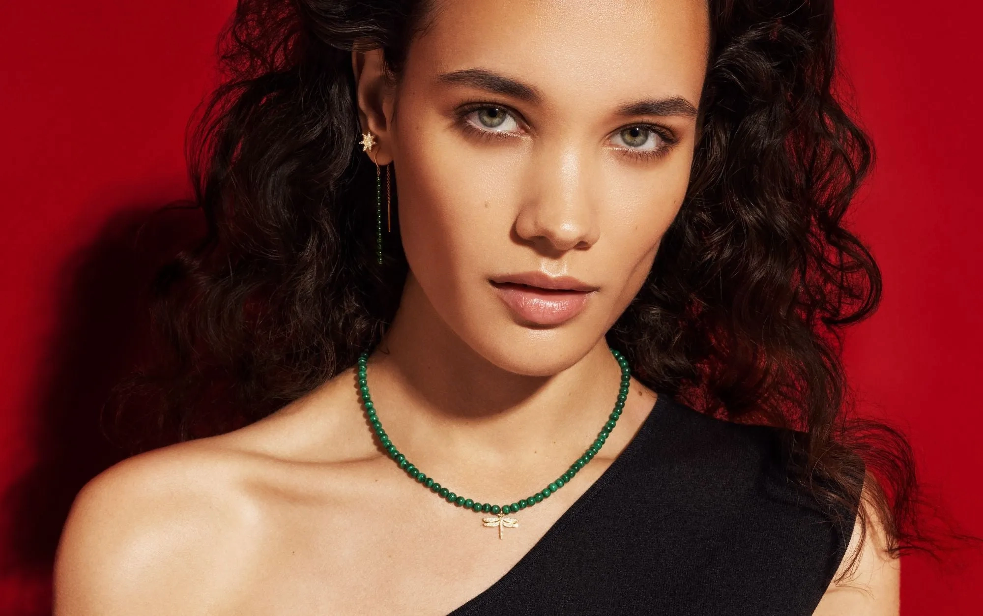 Dragonfly Necklace 18K Gold Plated Necklace w. Malachite &amp; Diamond