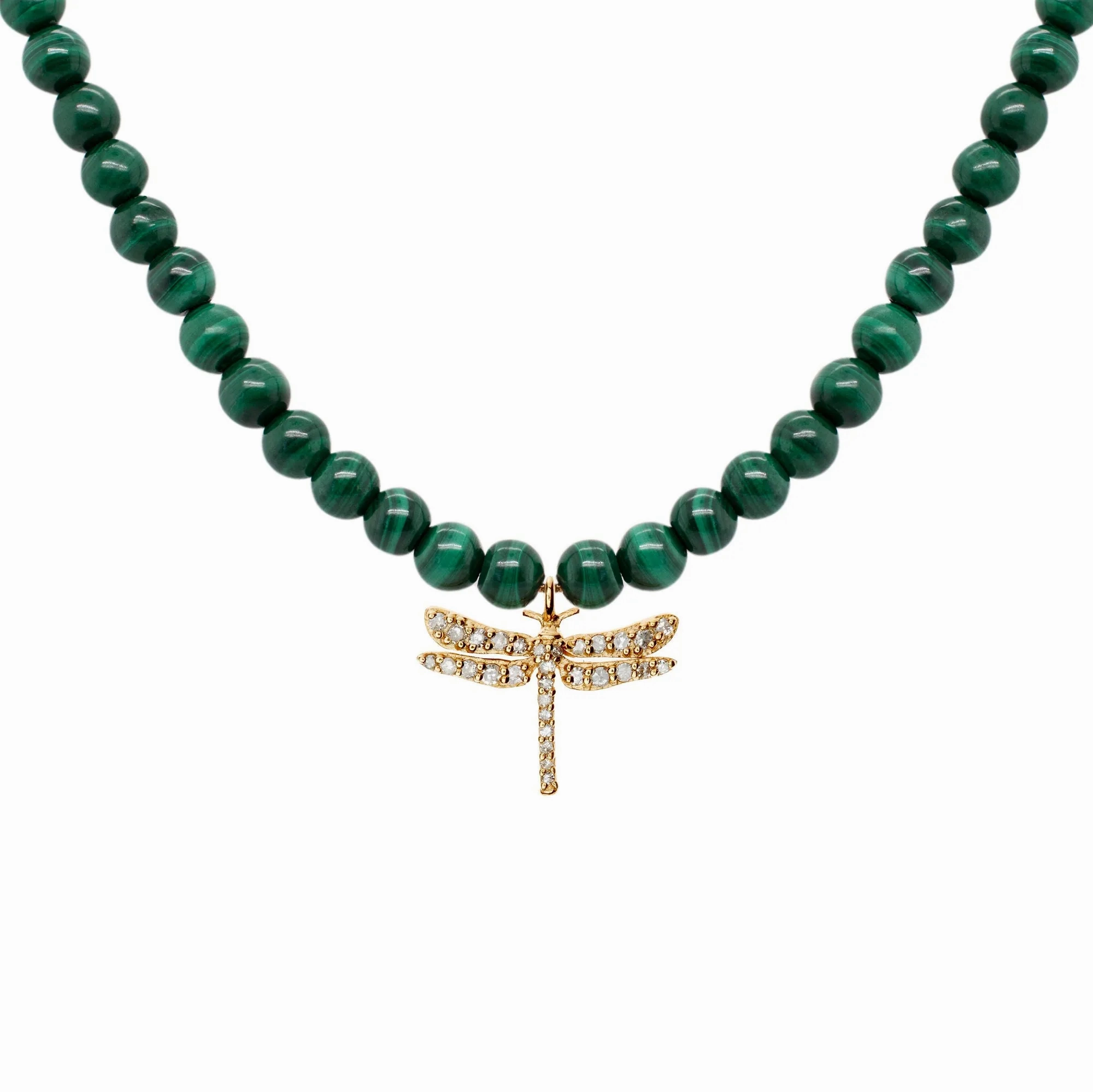 Dragonfly Necklace 18K Gold Plated Necklace w. Malachite &amp; Diamond