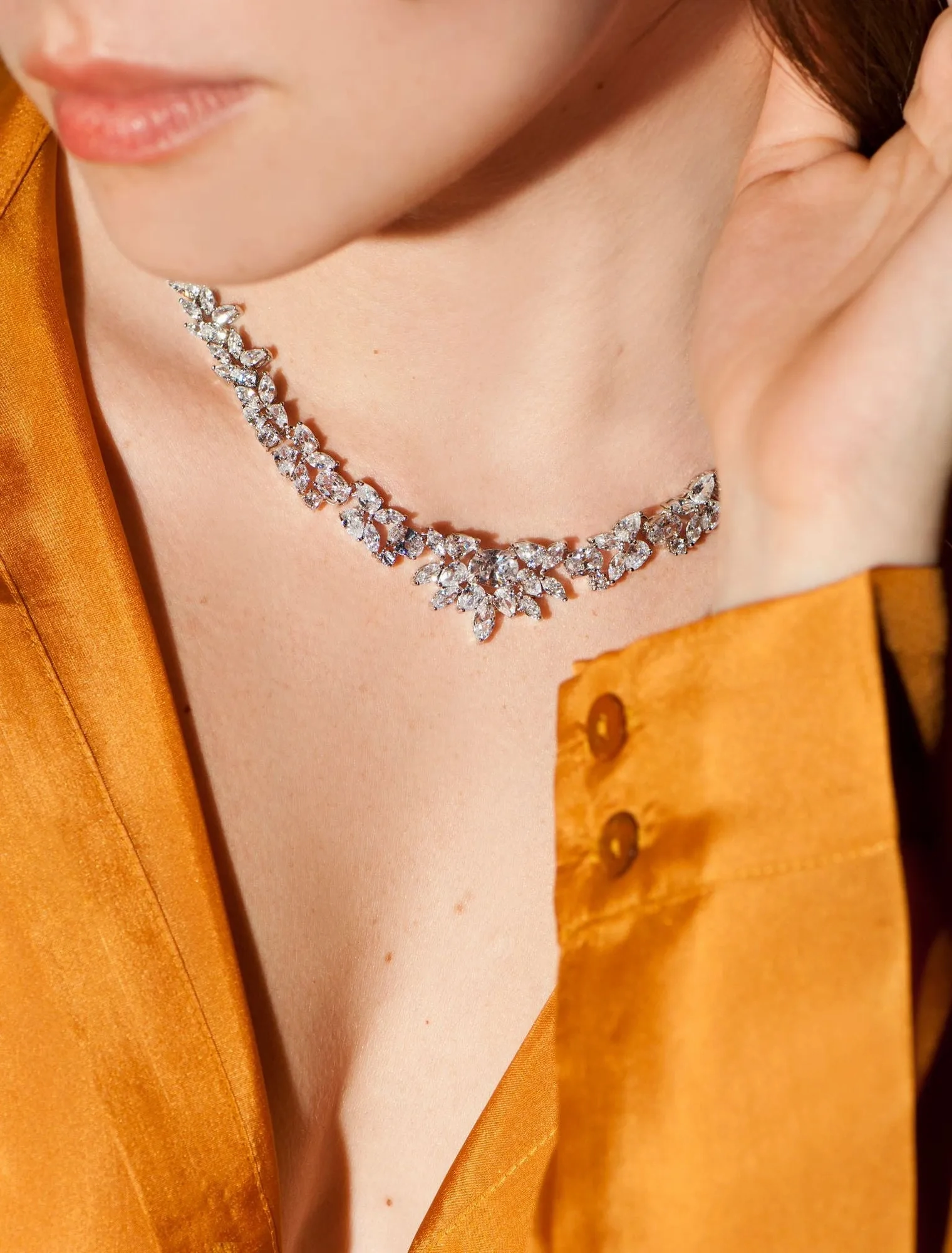 Eden Orchid Statement Silver Plated Brass Necklace w. Zirconia