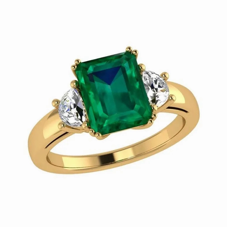 Emerald-Cut Emerald and Half Moon Diamond Ring
