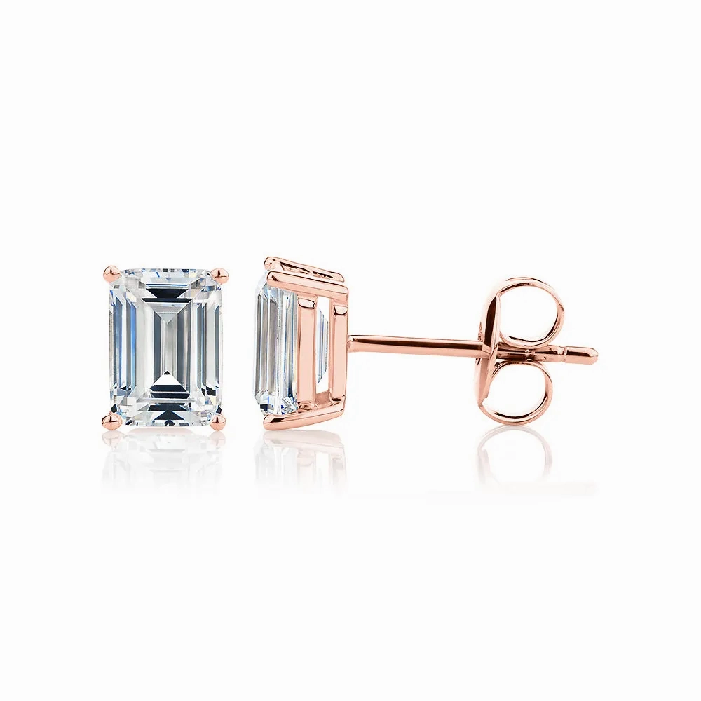 Emerald Cut stud earrings with 2 carats* of diamond simulants in 10 carat rose gold