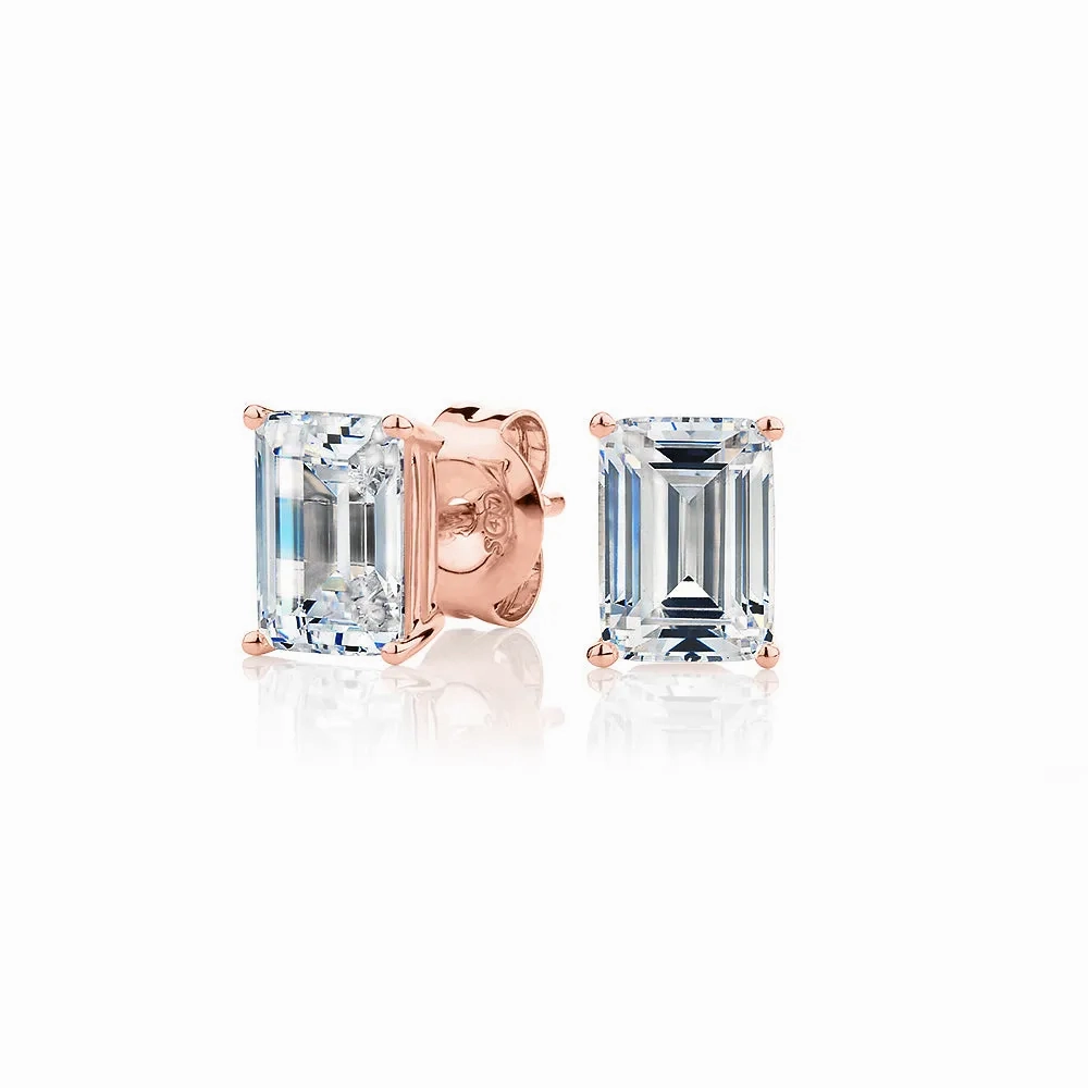 Emerald Cut stud earrings with 2 carats* of diamond simulants in 10 carat rose gold