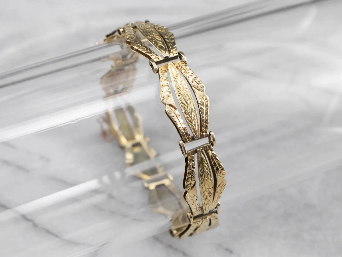 Engraved Antique Gold Panel Link Bracelet