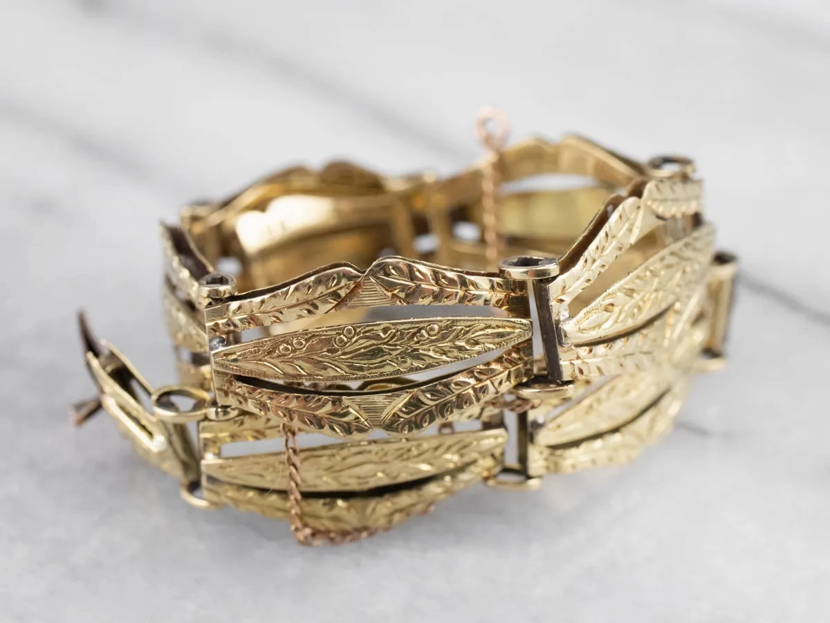 Engraved Antique Gold Panel Link Bracelet
