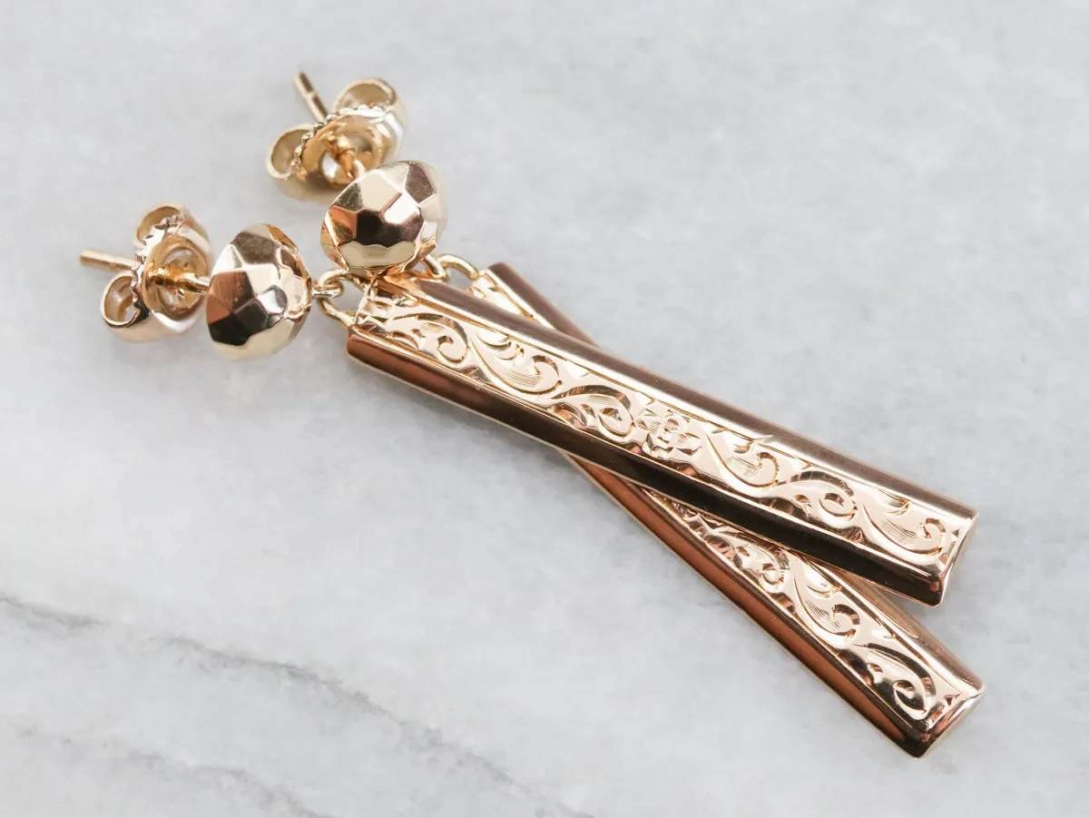 Engraved Gold Drop Earrings