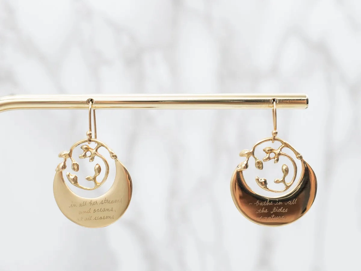 Engraved Gold Drop Earrings with Henry David Thoreau Quote