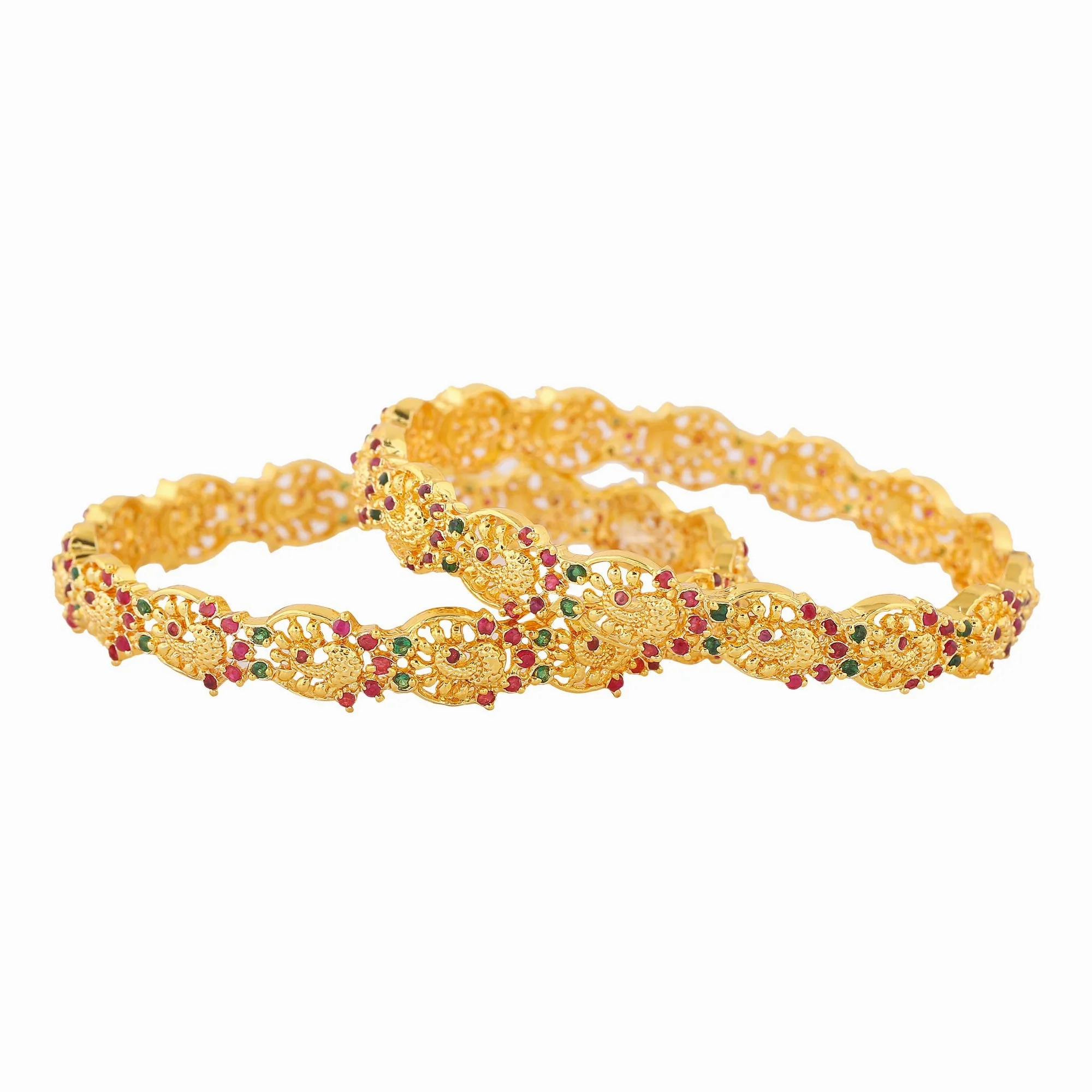 Estele Exquisite Peacock Design Gold-Plated 2:6 Size Bangles with Multi-Color Crystals| Elegant Traditional Jewelry for Women