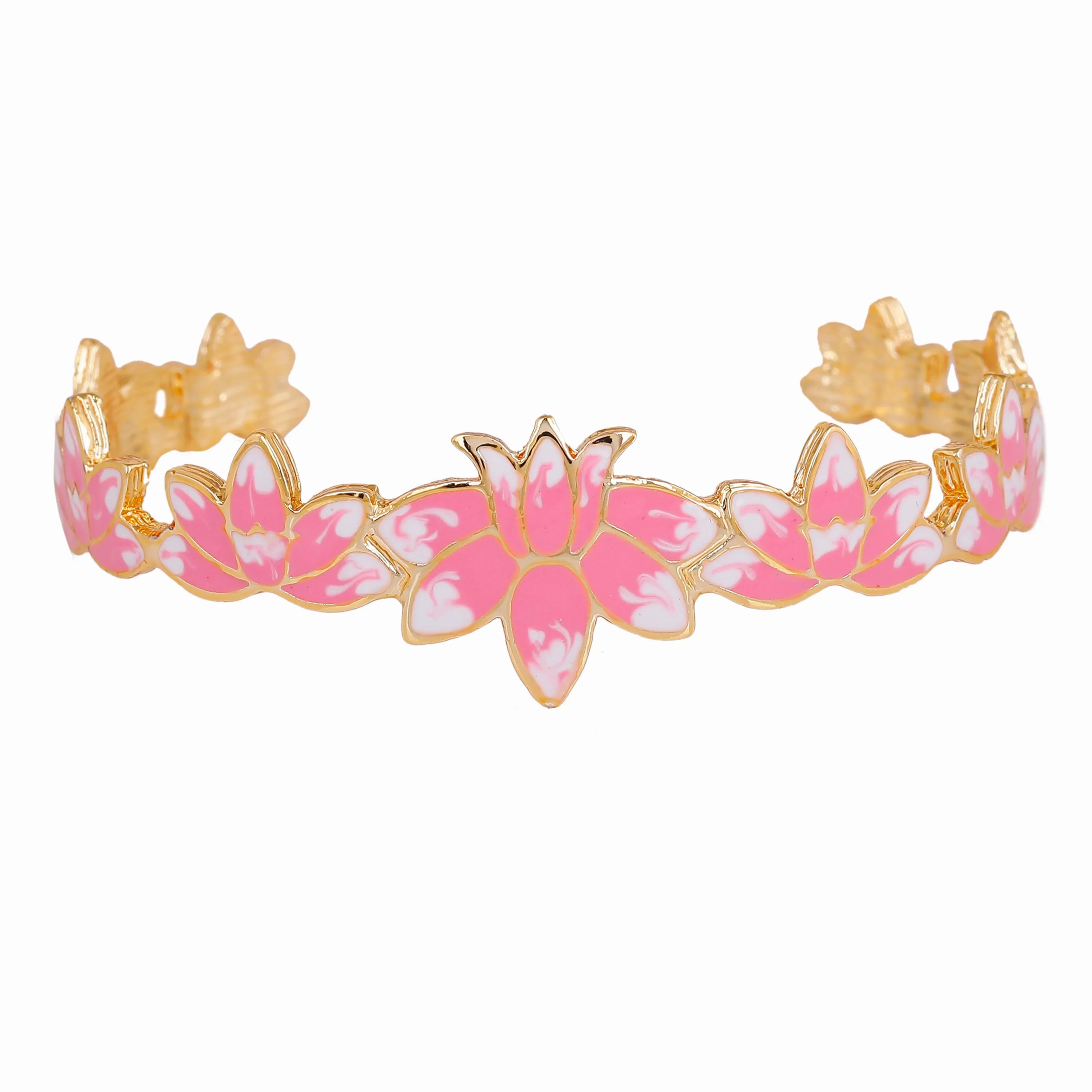 Estele Gold Plated Appealing Lotus Designer Cuff Bracelet with Pink Enamel for Girl's &amp; Women