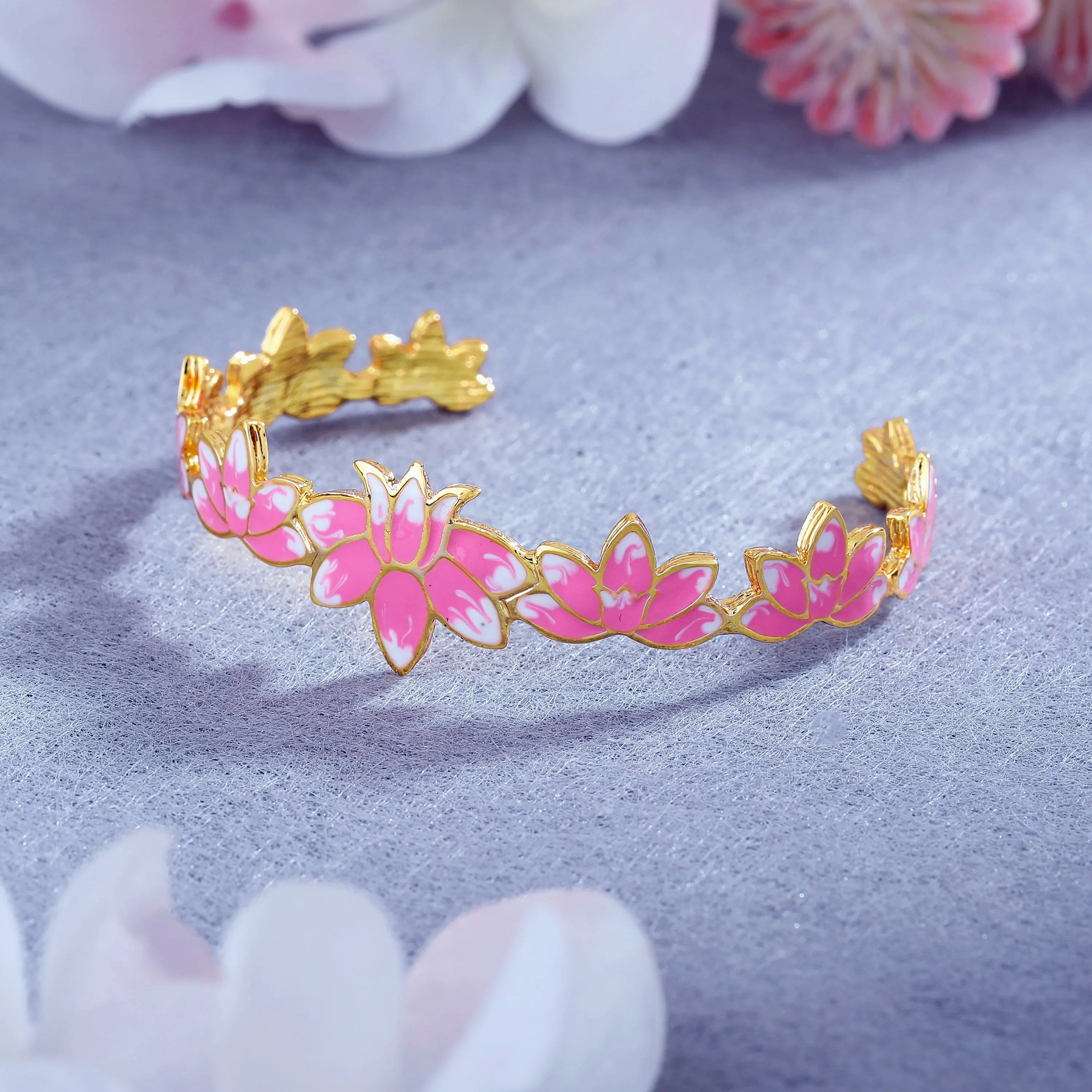 Estele Gold Plated Appealing Lotus Designer Cuff Bracelet with Pink Enamel for Girl's &amp; Women