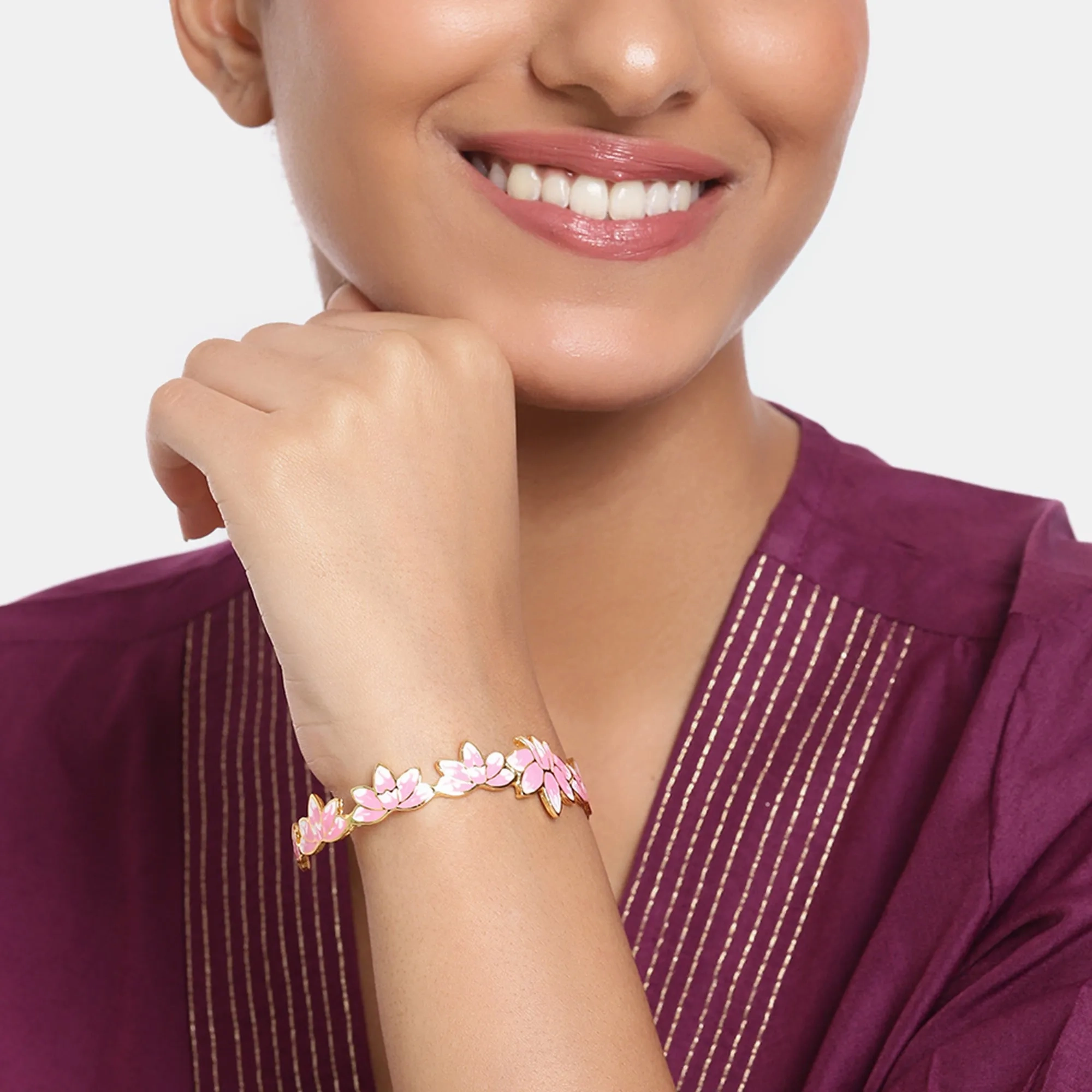 Estele Gold Plated Appealing Lotus Designer Cuff Bracelet with Pink Enamel for Girl's &amp; Women
