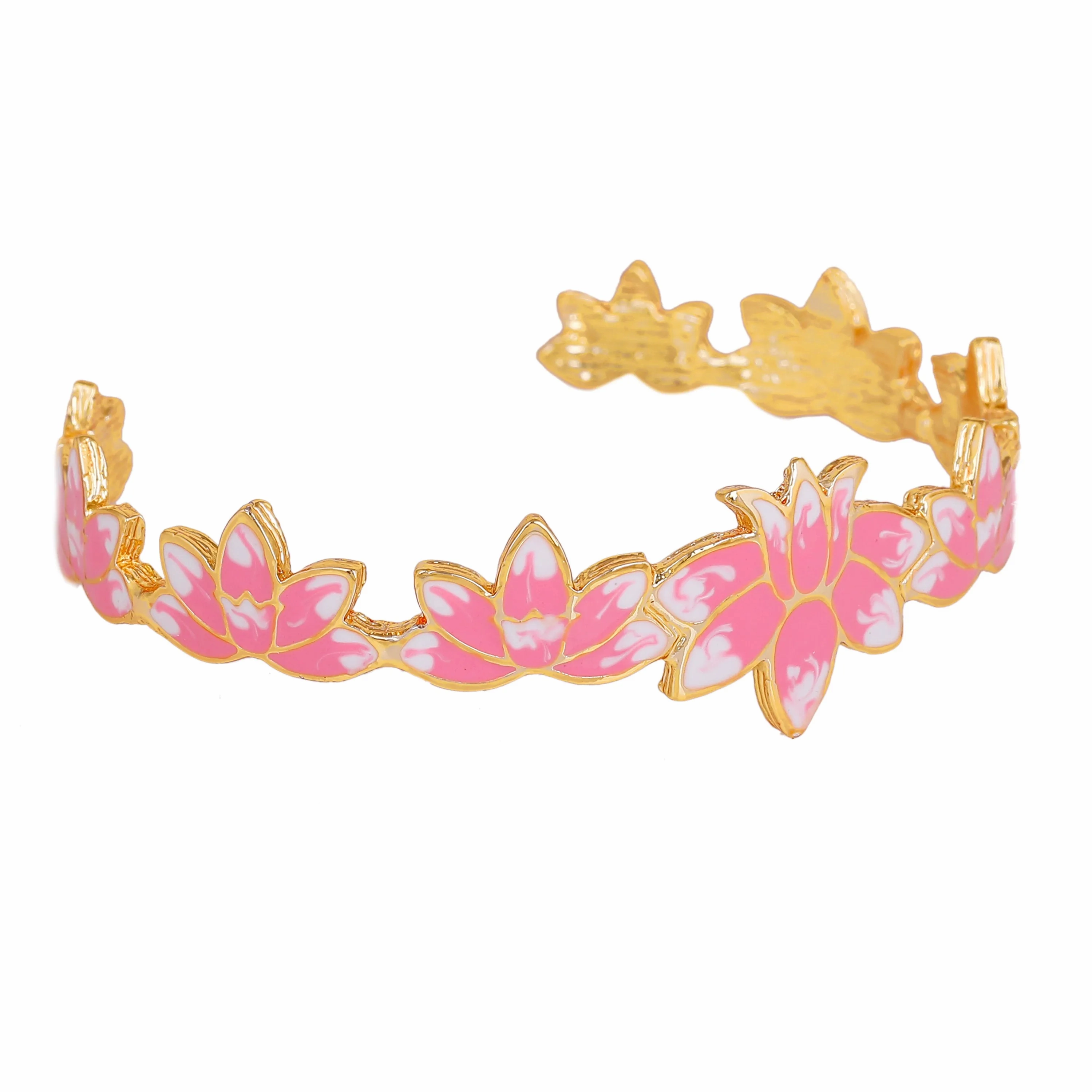 Estele Gold Plated Appealing Lotus Designer Cuff Bracelet with Pink Enamel for Girl's &amp; Women