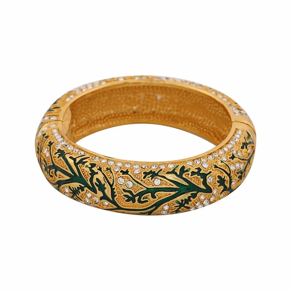 Estele Gold Plated Artistic Leafy Traditional Kada 2:6 Size Bangle Bracelet with Green Enamel | Perfect Fit &amp; Timeless Elegance for Women