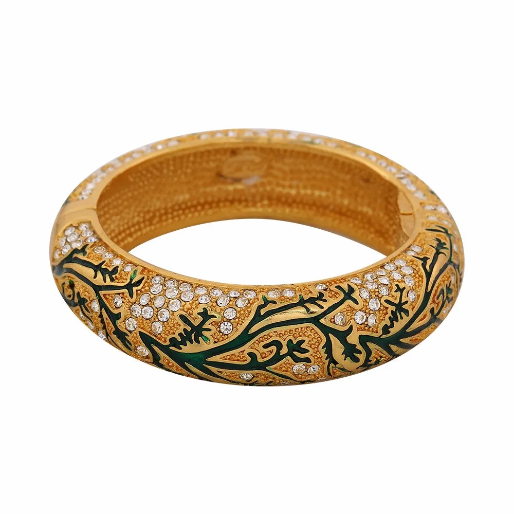 Estele Gold Plated Artistic Leafy Traditional Kada 2:6 Size Bangle Bracelet with Green Enamel | Perfect Fit &amp; Timeless Elegance for Women