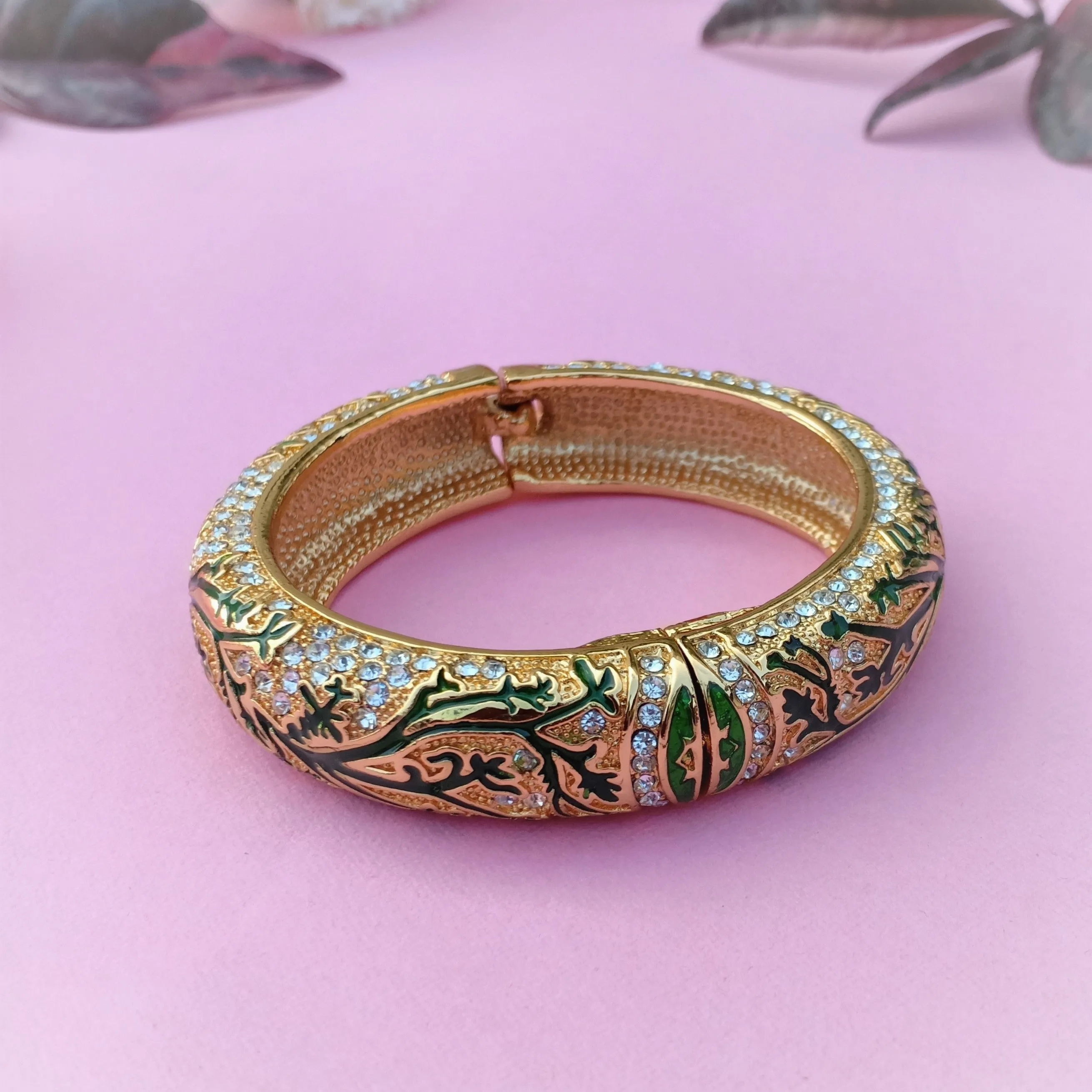 Estele Gold Plated Artistic Leafy Traditional Kada 2:6 Size Bangle Bracelet with Green Enamel | Perfect Fit &amp; Timeless Elegance for Women