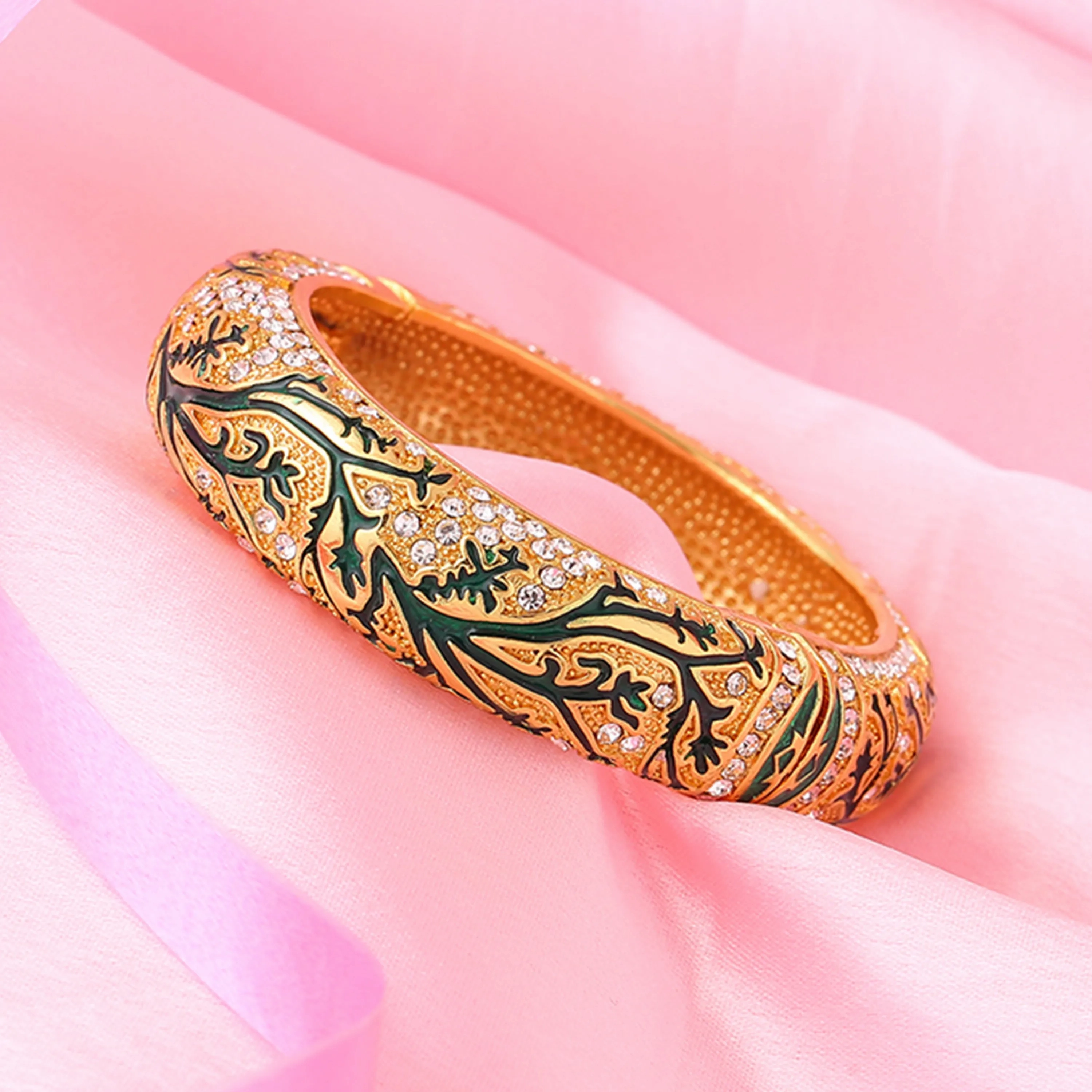 Estele Gold Plated Artistic Leafy Traditional Kada 2:6 Size Bangle Bracelet with Green Enamel | Perfect Fit &amp; Timeless Elegance for Women