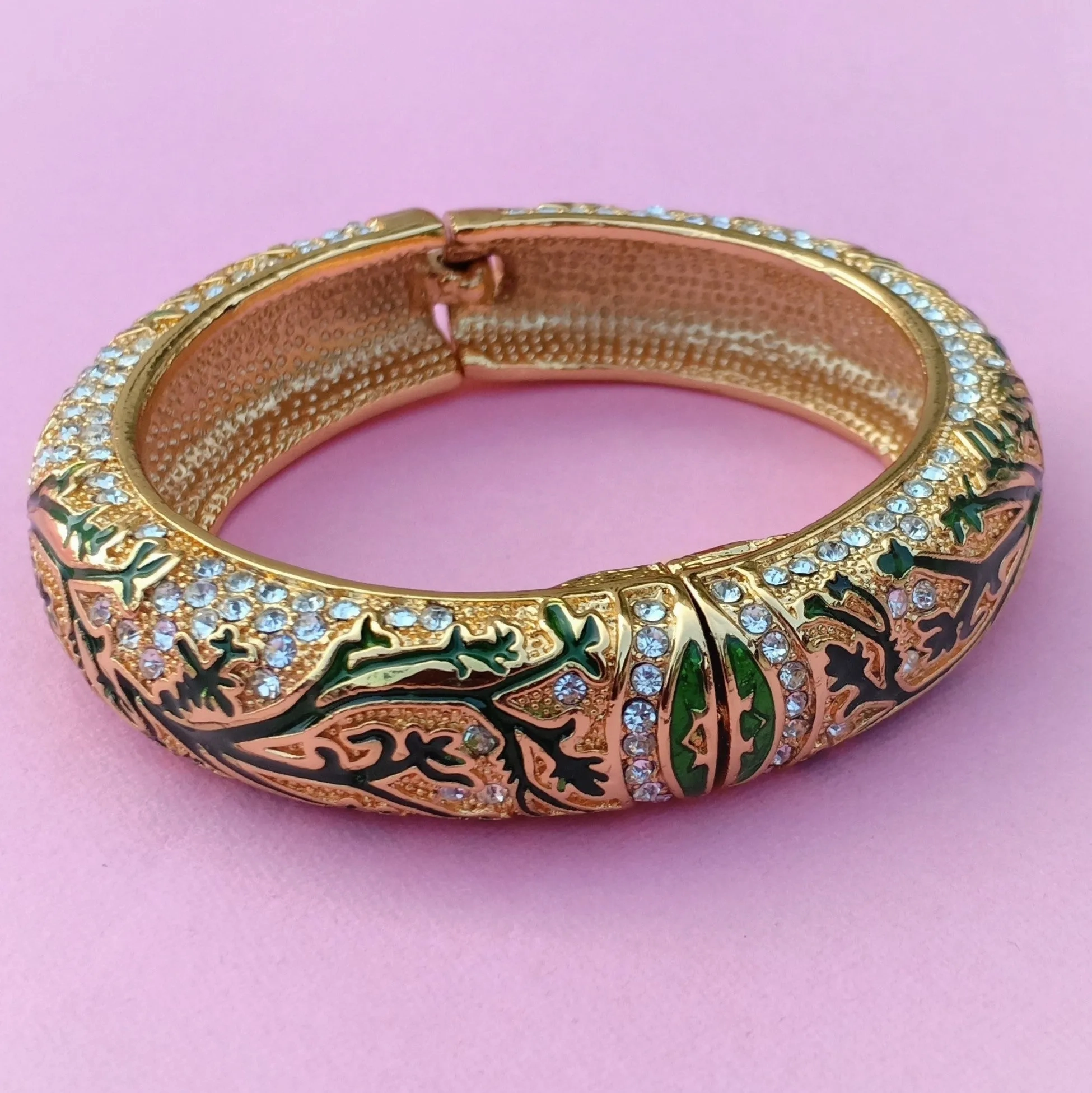 Estele Gold Plated Artistic Leafy Traditional Kada 2:6 Size Bangle Bracelet with Green Enamel | Perfect Fit &amp; Timeless Elegance for Women