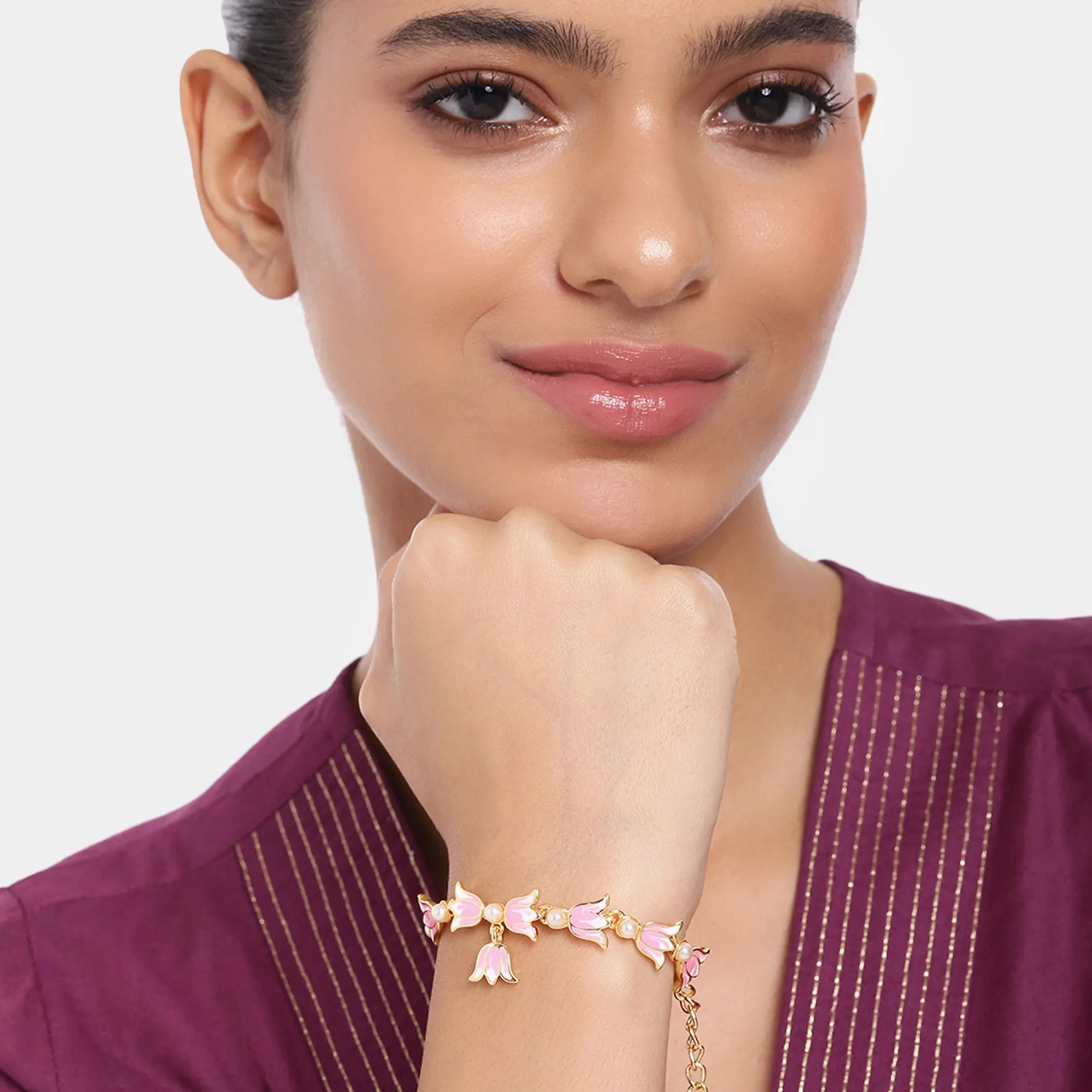 Estele Gold Plated Attractive Lotus Designer Adjustable Link Bracelet with Pearls &amp; Pink Enamel for Girl's &amp; Women