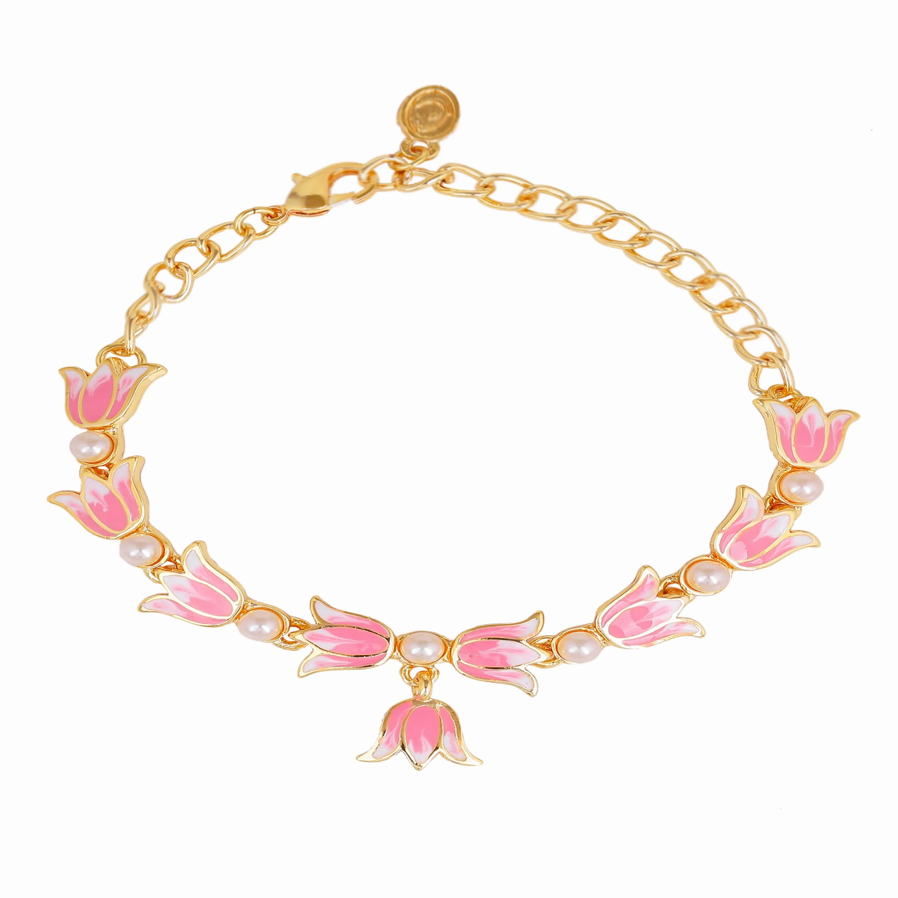 Estele Gold Plated Attractive Lotus Designer Adjustable Link Bracelet with Pearls &amp; Pink Enamel for Girl's &amp; Women
