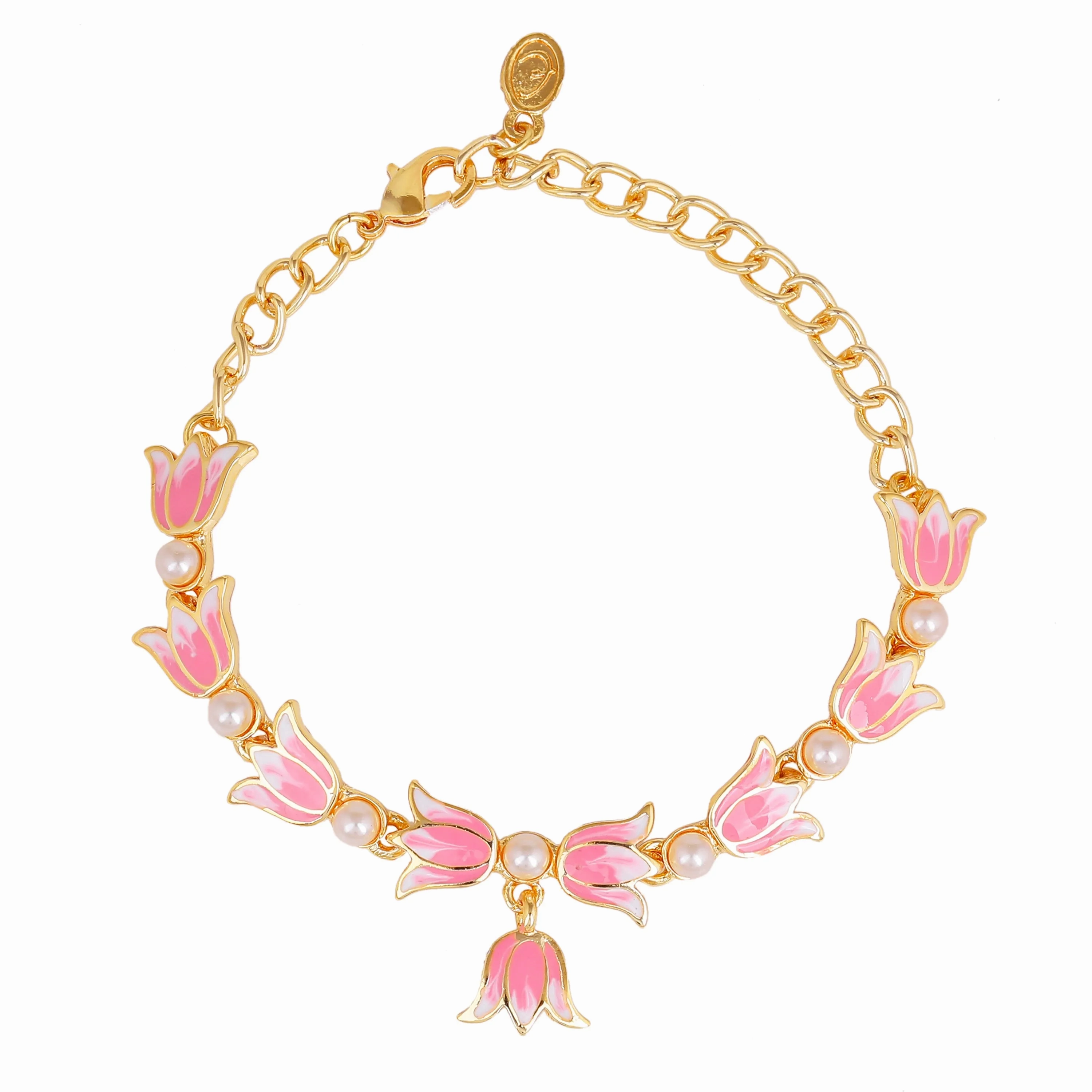 Estele Gold Plated Attractive Lotus Designer Adjustable Link Bracelet with Pearls &amp; Pink Enamel for Girl's &amp; Women
