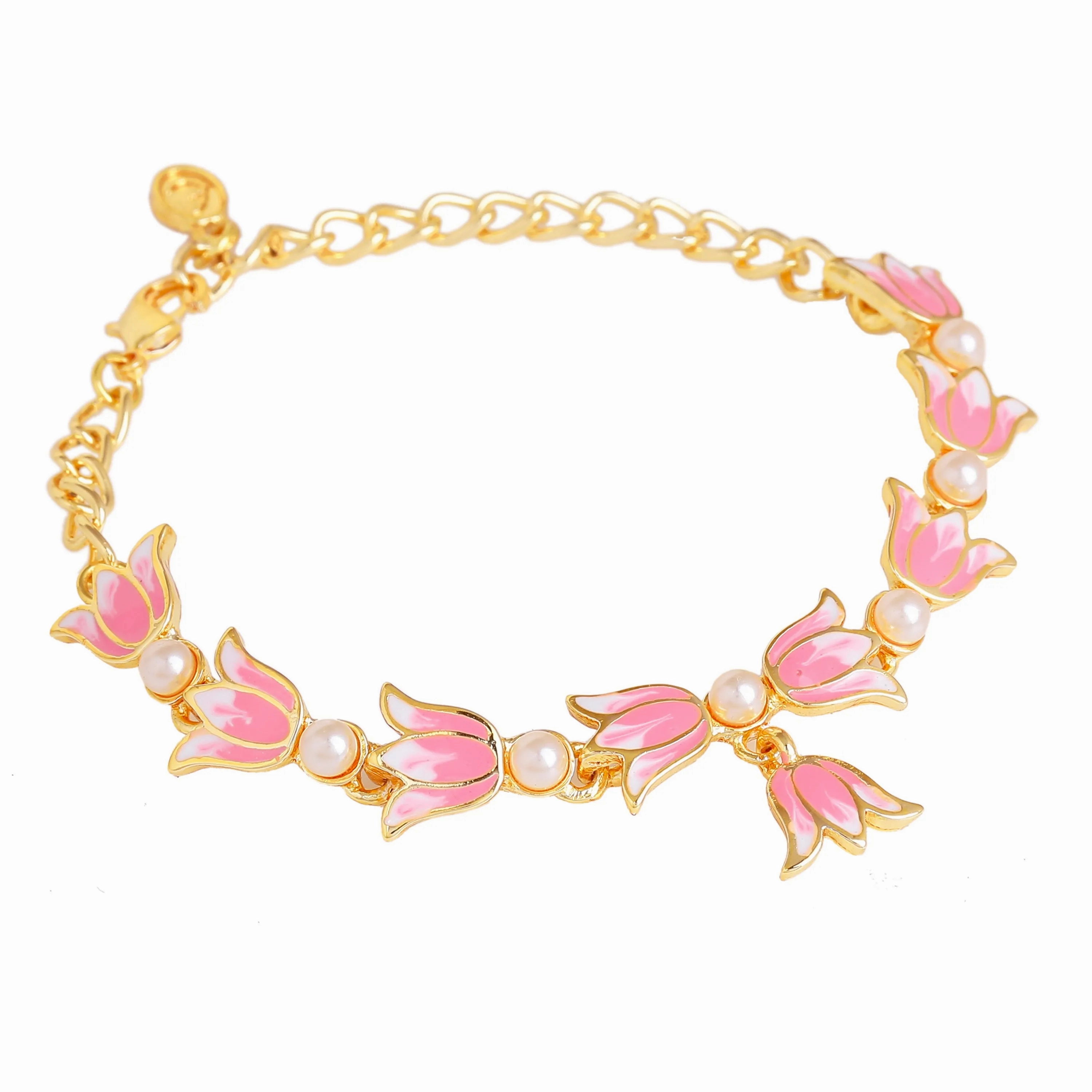 Estele Gold Plated Attractive Lotus Designer Adjustable Link Bracelet with Pearls &amp; Pink Enamel for Girl's &amp; Women